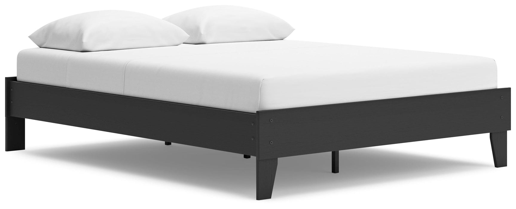 Side angle of Socalle Black Queen Platform Bed frame highlighting wood grain texture