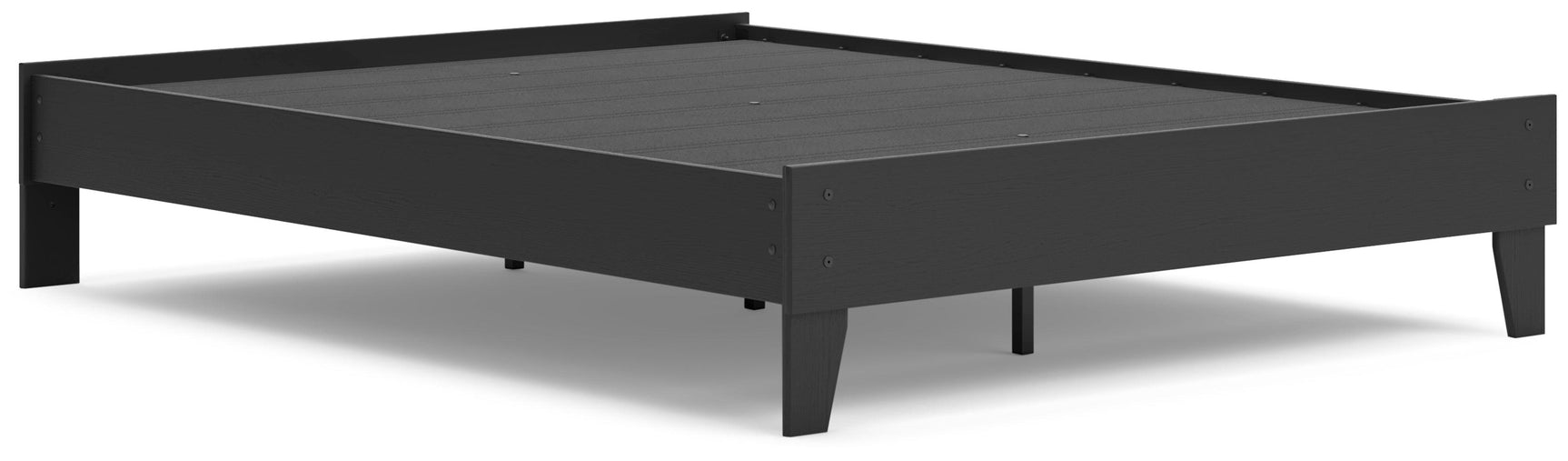 Close-up of Socalle Black Queen Platform Bed frame corner showing matte black finish