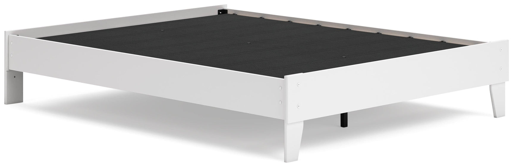 Detail of two-tone decorative laminate on queen platform bed