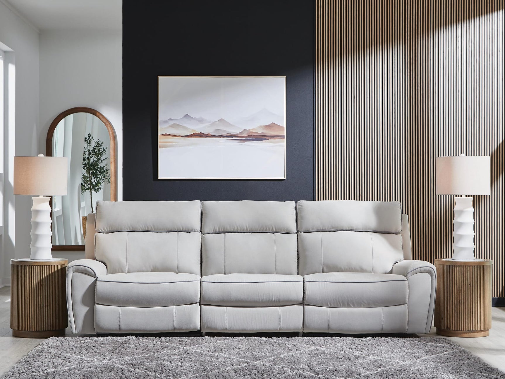 Social Pointe Pearl/Ash Chenille 3-Piece Power Reclining Sectional from Decor Furniture