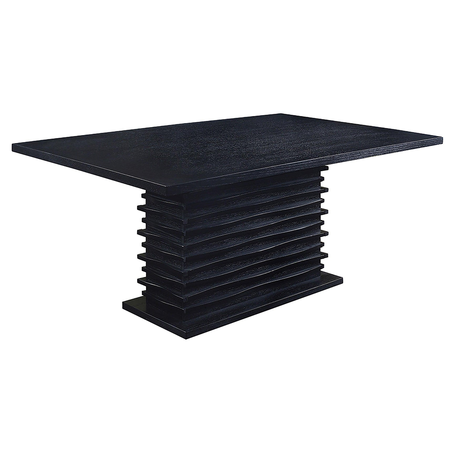 Room view of Stanton Black Rectangle Pedestal Dining Room Set showing table and 6 side chairs