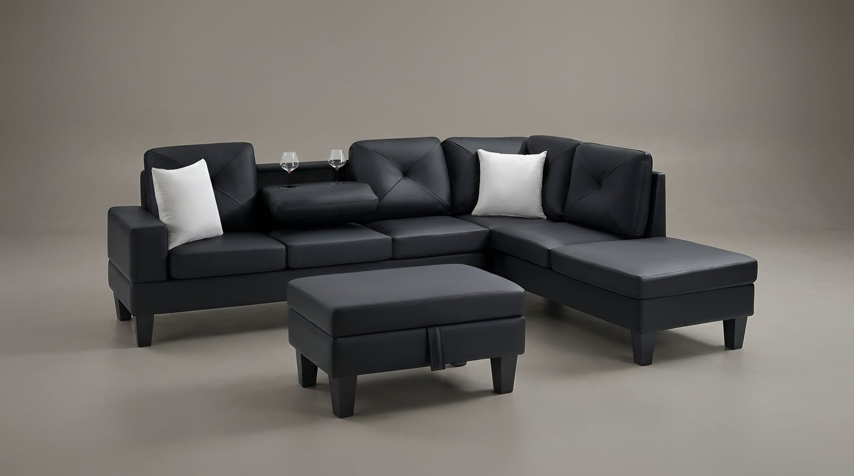 Star Black PU Sectional with Drop-Down Console and Storage Ottoman view 3