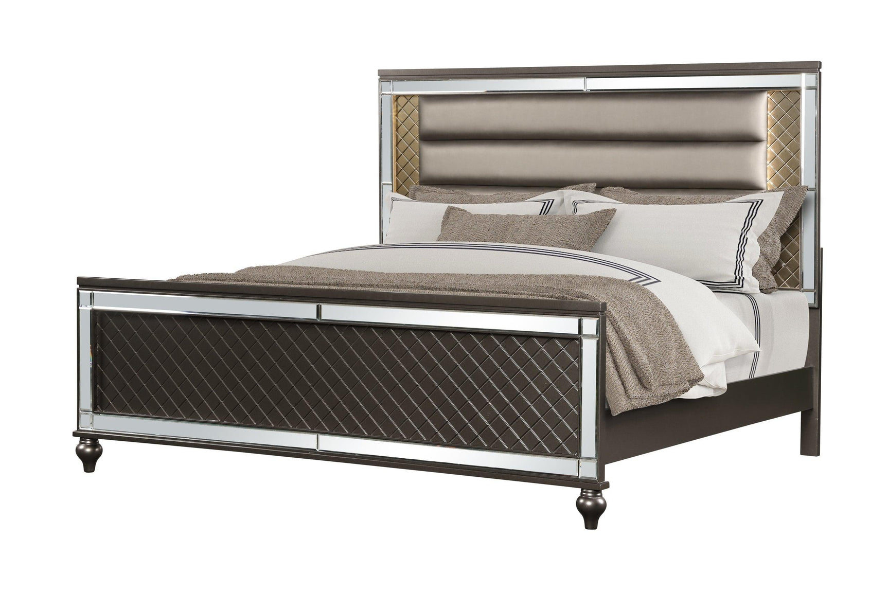 side view of Stars Charcoal LED Upholstered Panel Bedroom Set bed