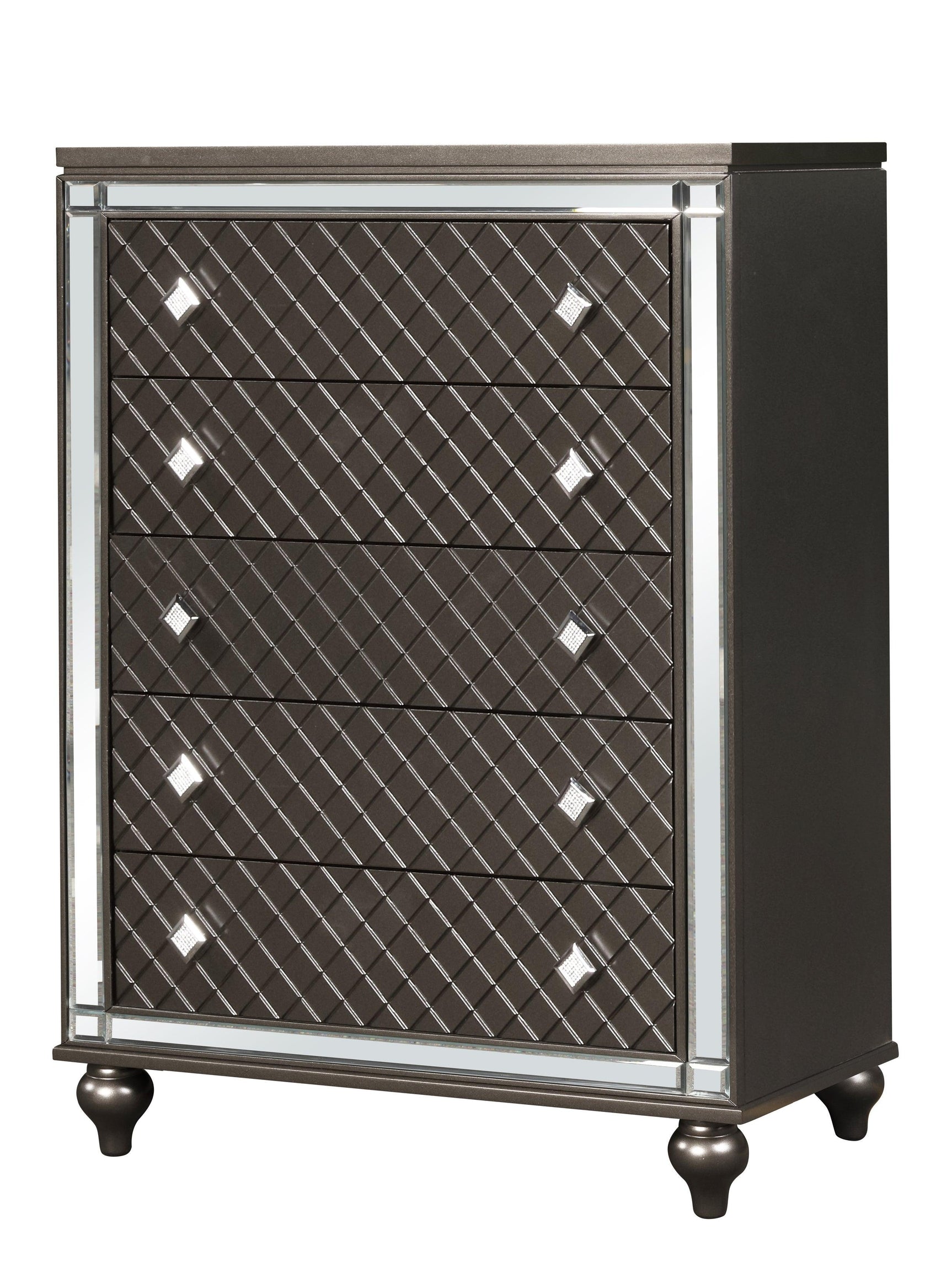 bedroom view of Stars Charcoal LED Upholstered Panel Bedroom Set bed