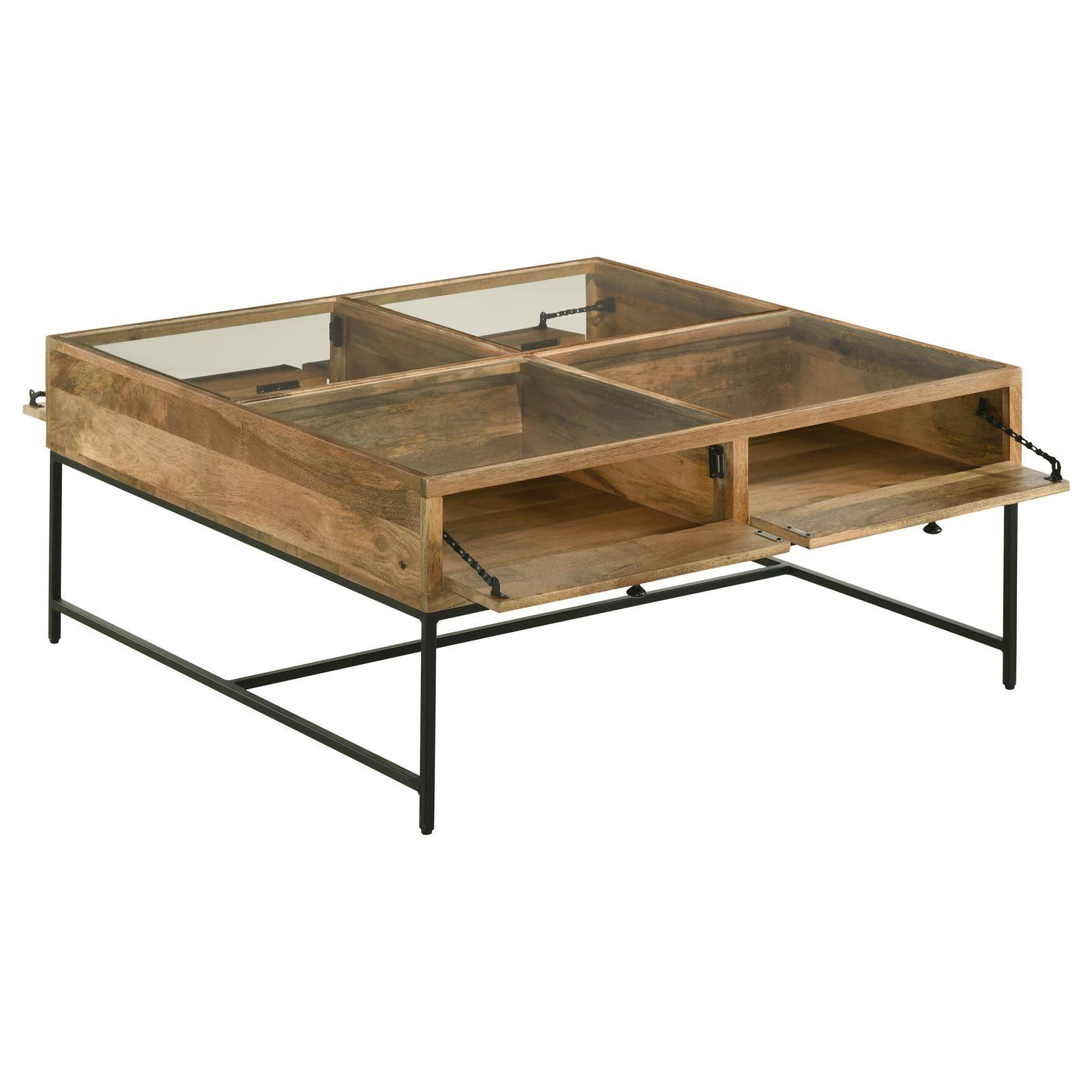 Close-up of drop-front compartment with chain support on Stephie coffee table