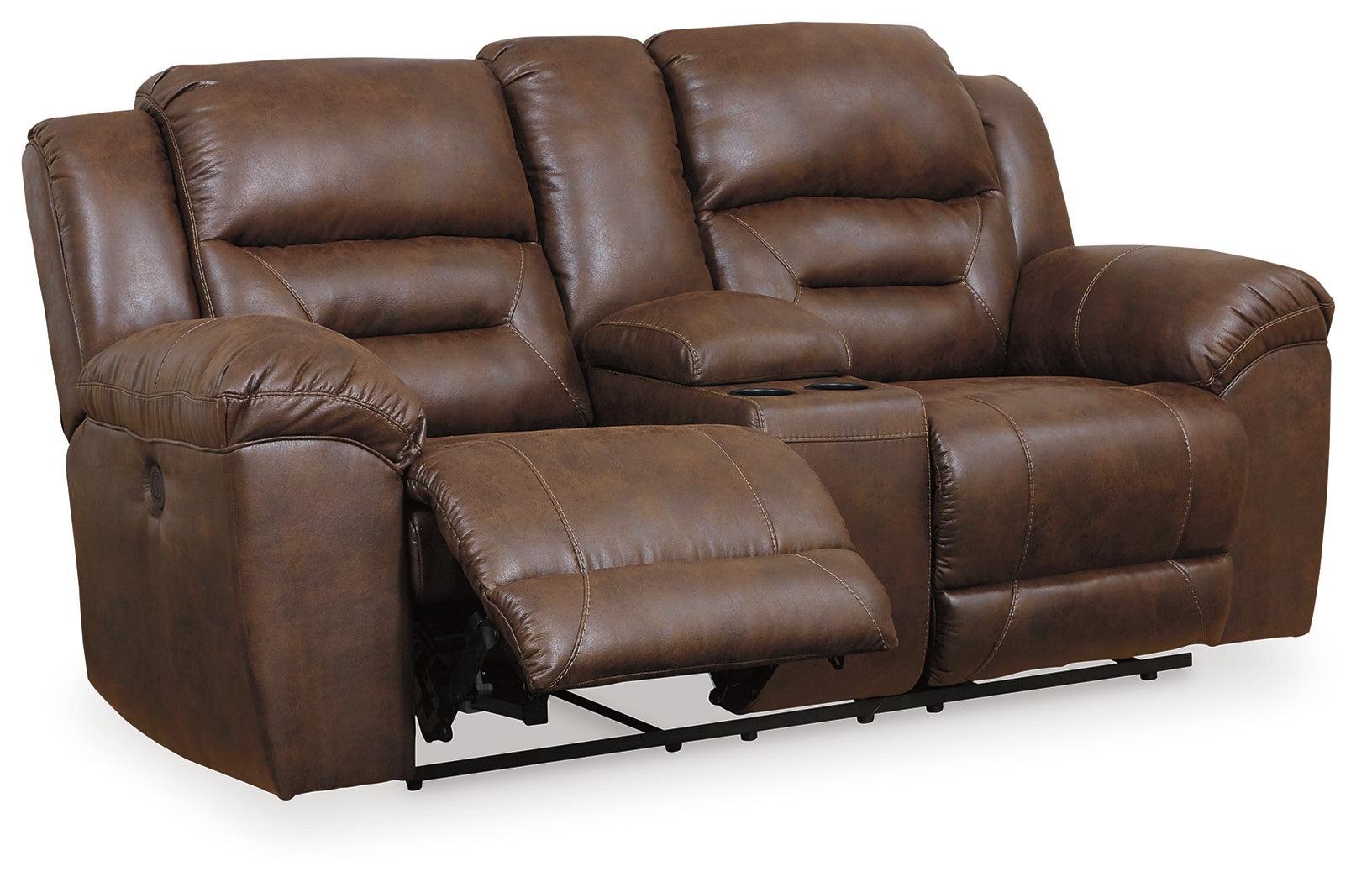 Close-up of channel-stitched back cushion on Stoneland Chocolate loveseat