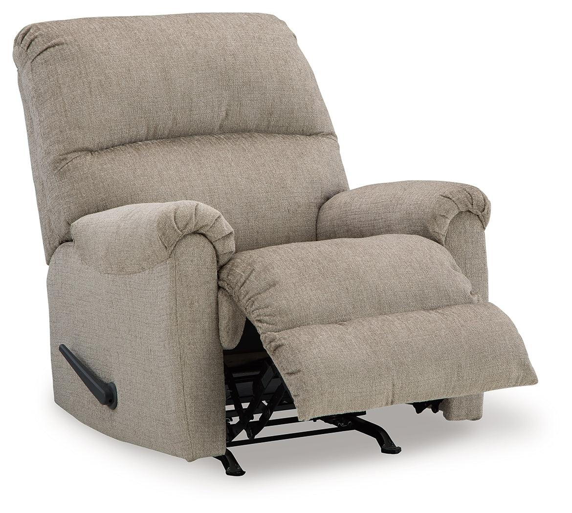 Stonemeade Taupe Chenille Recliner chair in reclined position
