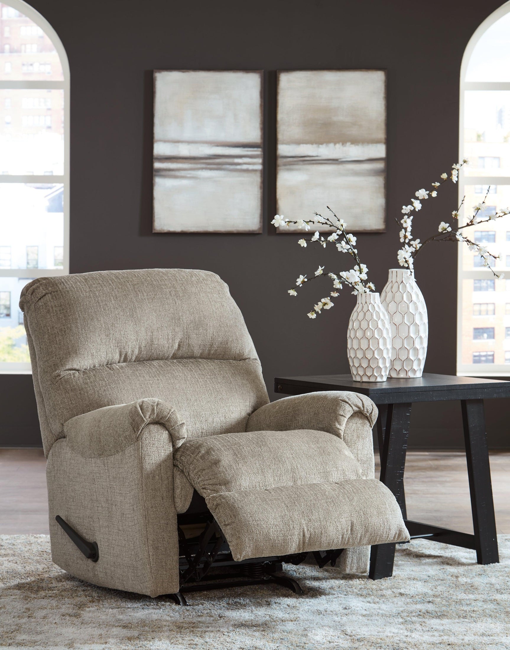 Stonemeade Taupe Chenille Recliner chair detailed side view