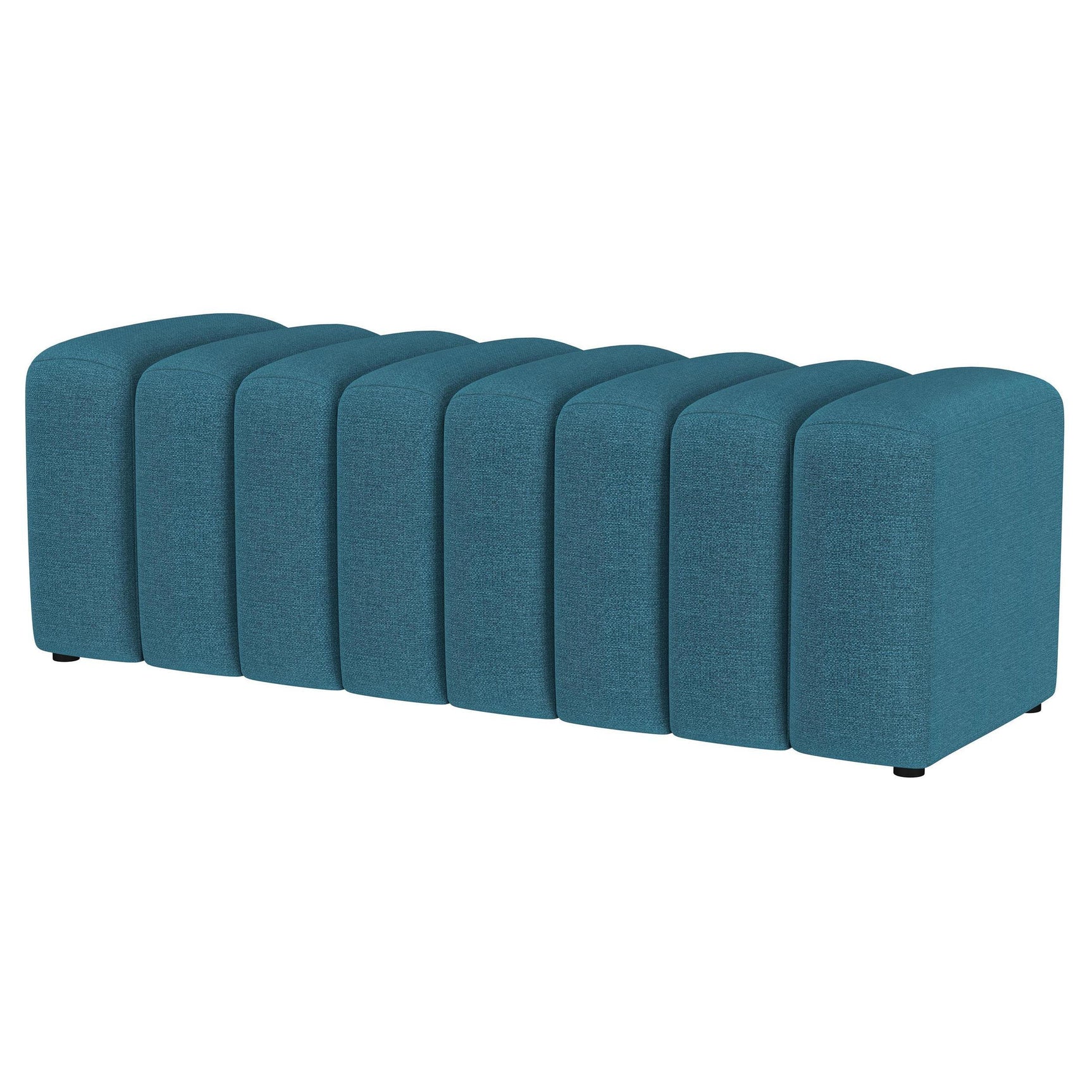 Front view of Summer peacock blue tufted upholstered bench