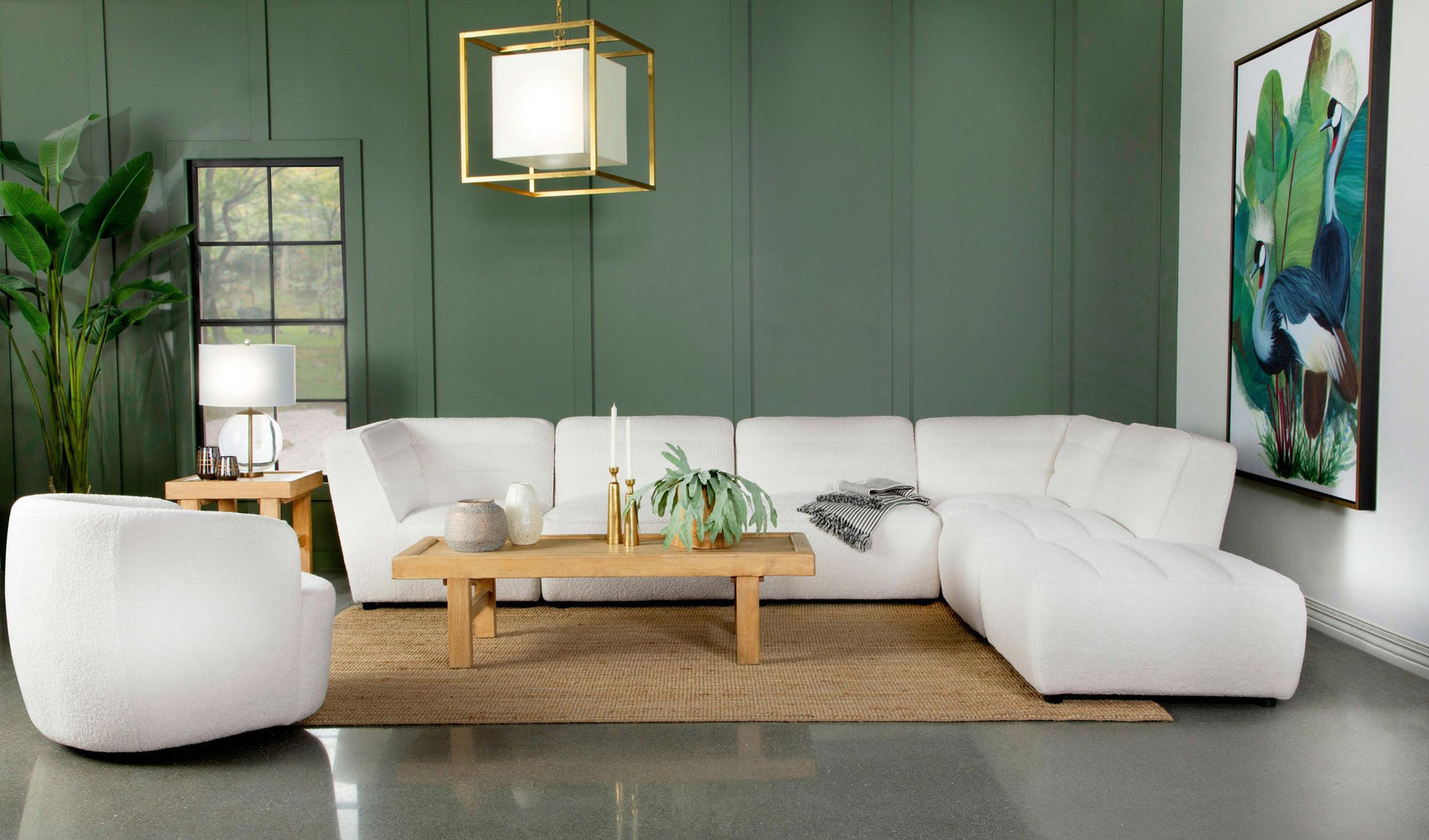 Living room view featuring Sunny 6-Piece Modular Upholstered Sectional Sofa