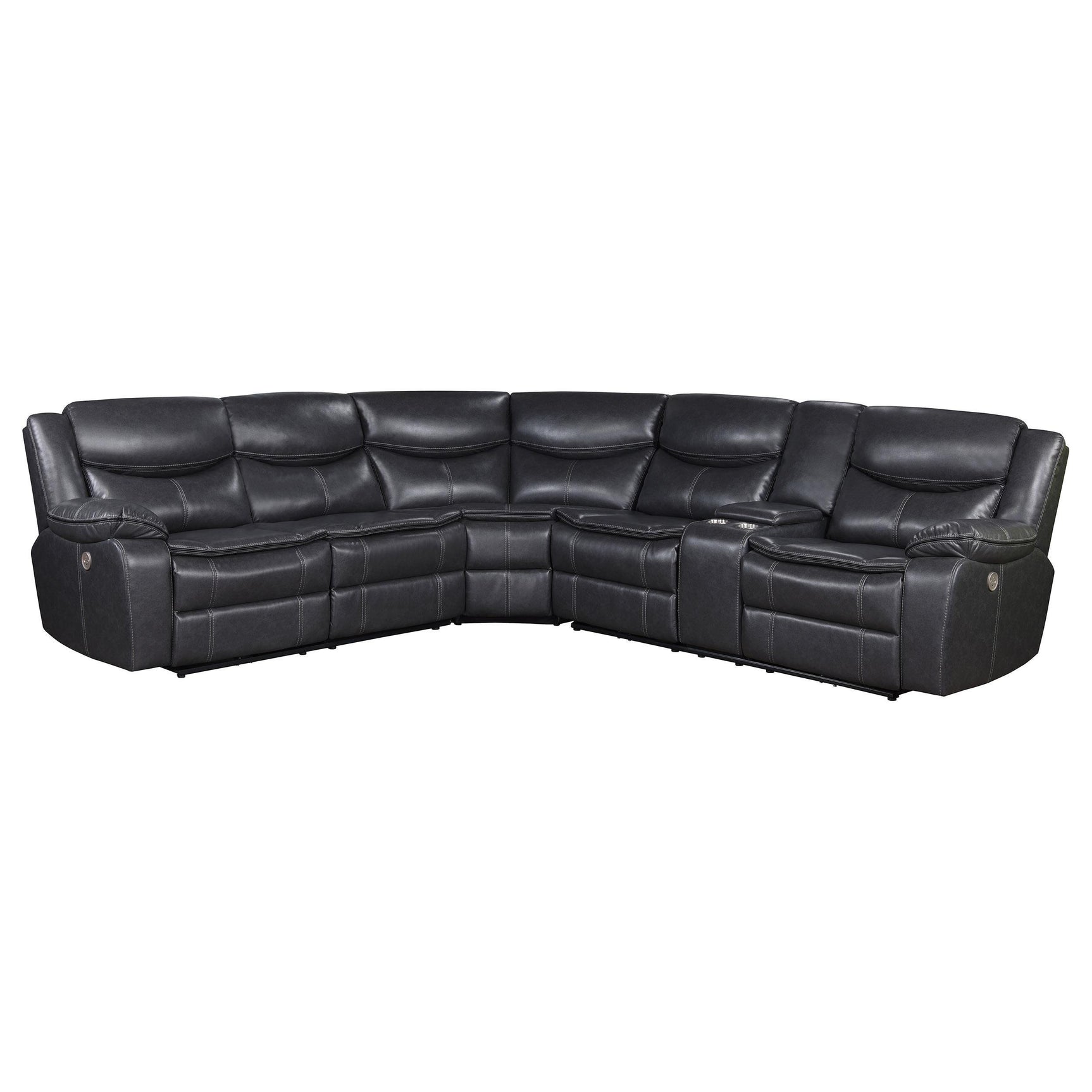 Sycamore Upholstered Power Reclining Sectional Sofa Dark Grey cup holder and console open