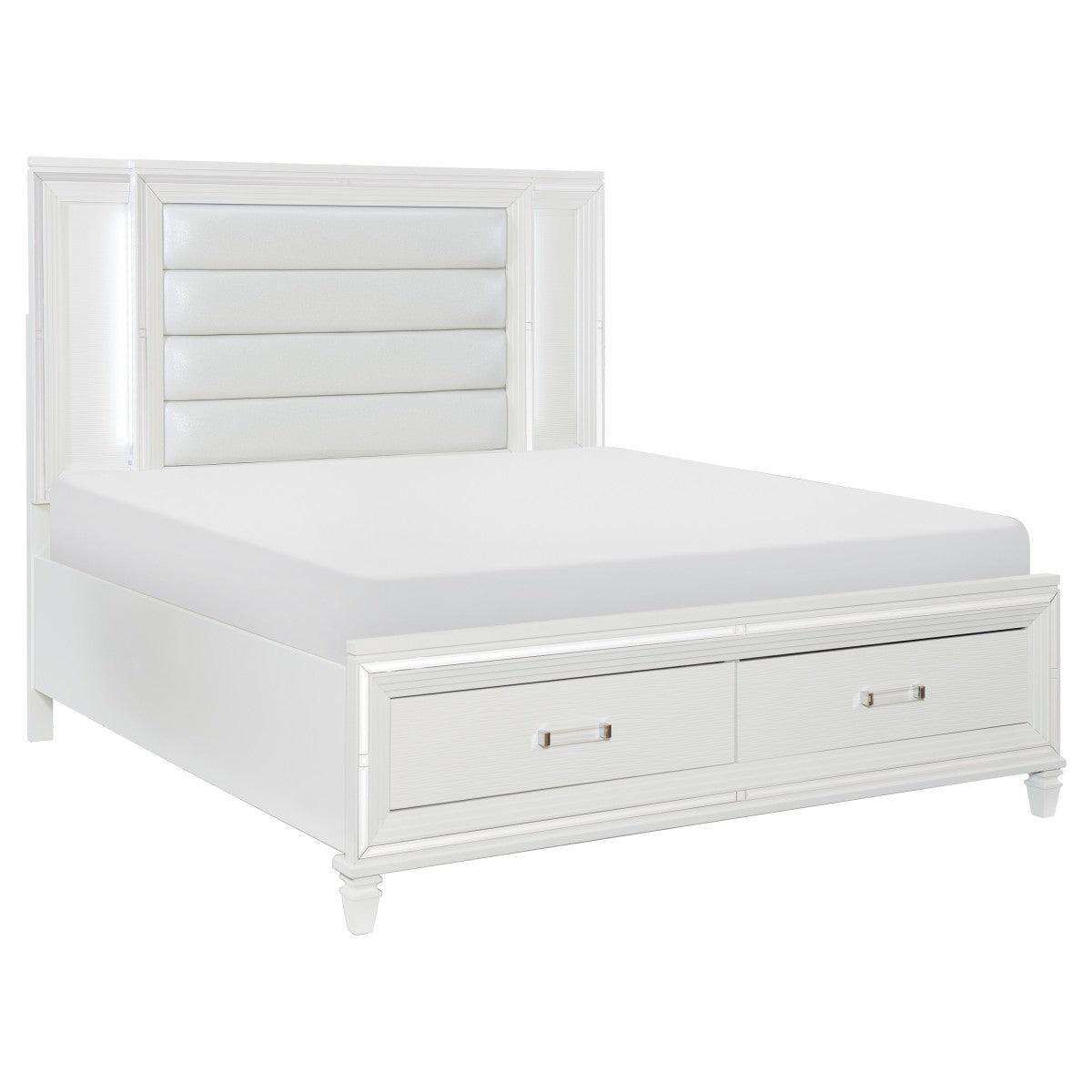 Tamsin white king platform bed side angle with storage footboard drawers