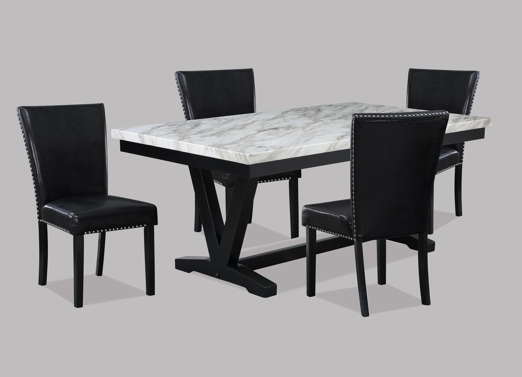 Angled view of Tanner dining set highlighting chair upholstery and table finish