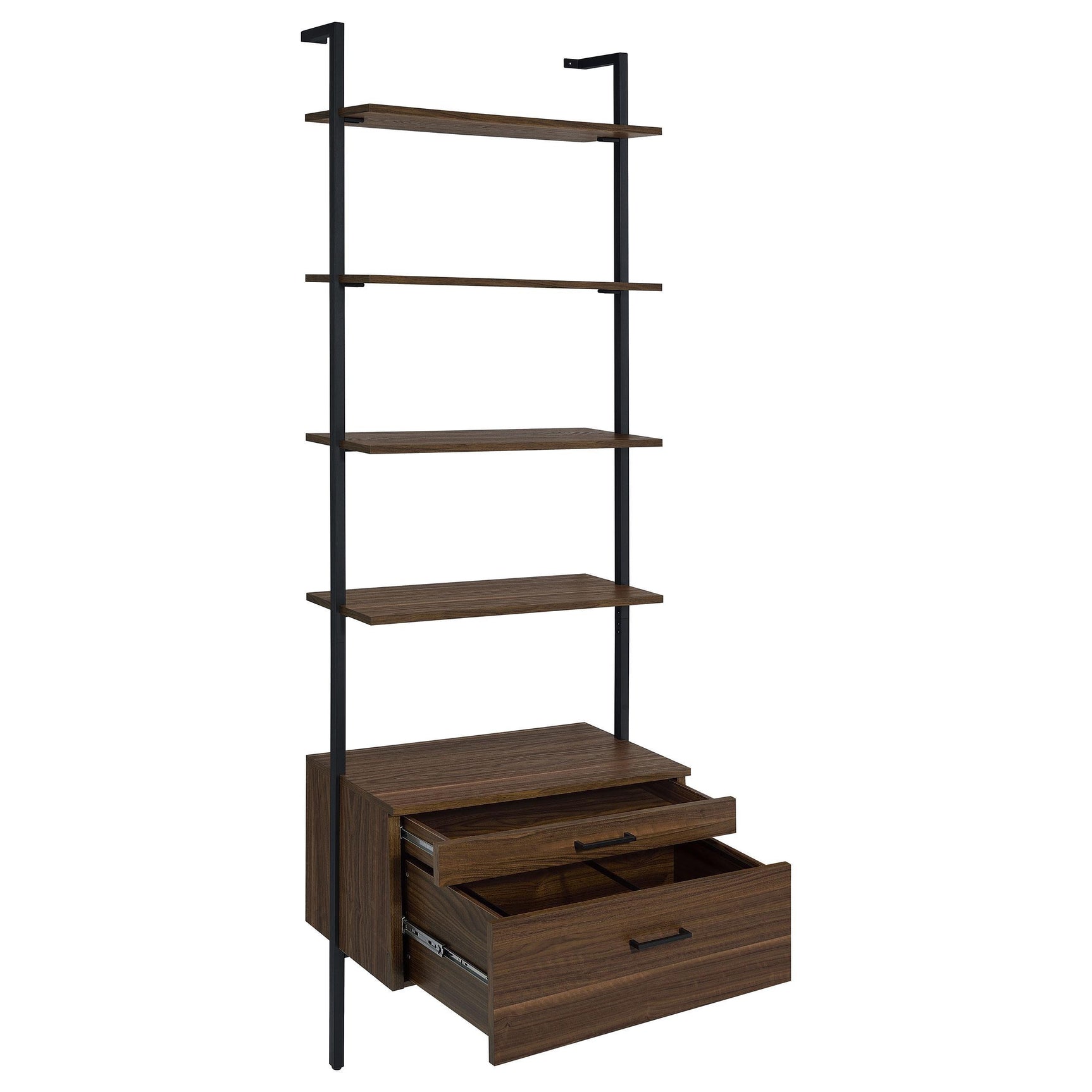 Side view of Gors brown and black bookcase showing floating shelves