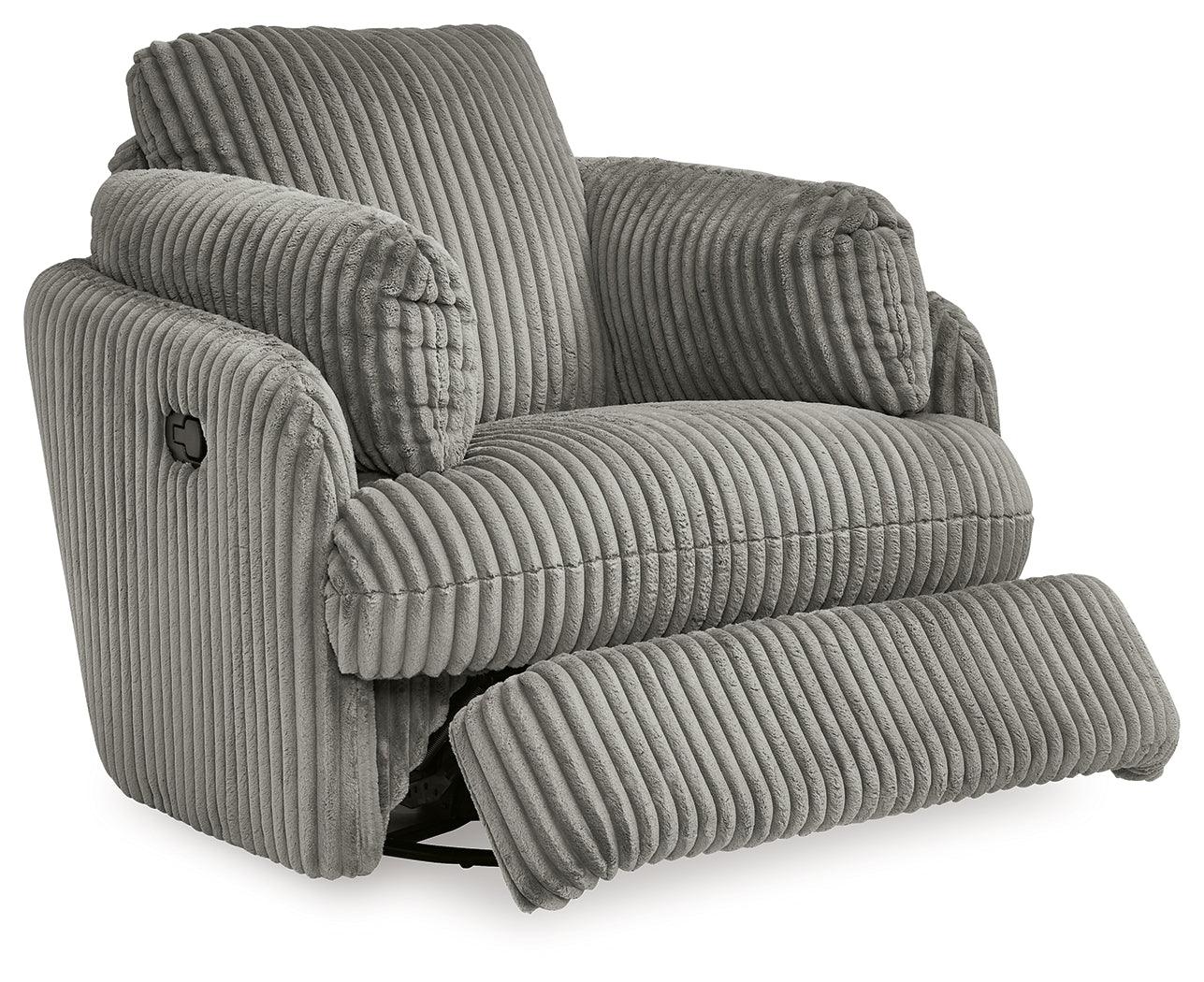 Tie-breaker Fog Velvet Swivel Glider Recliner reclined position view