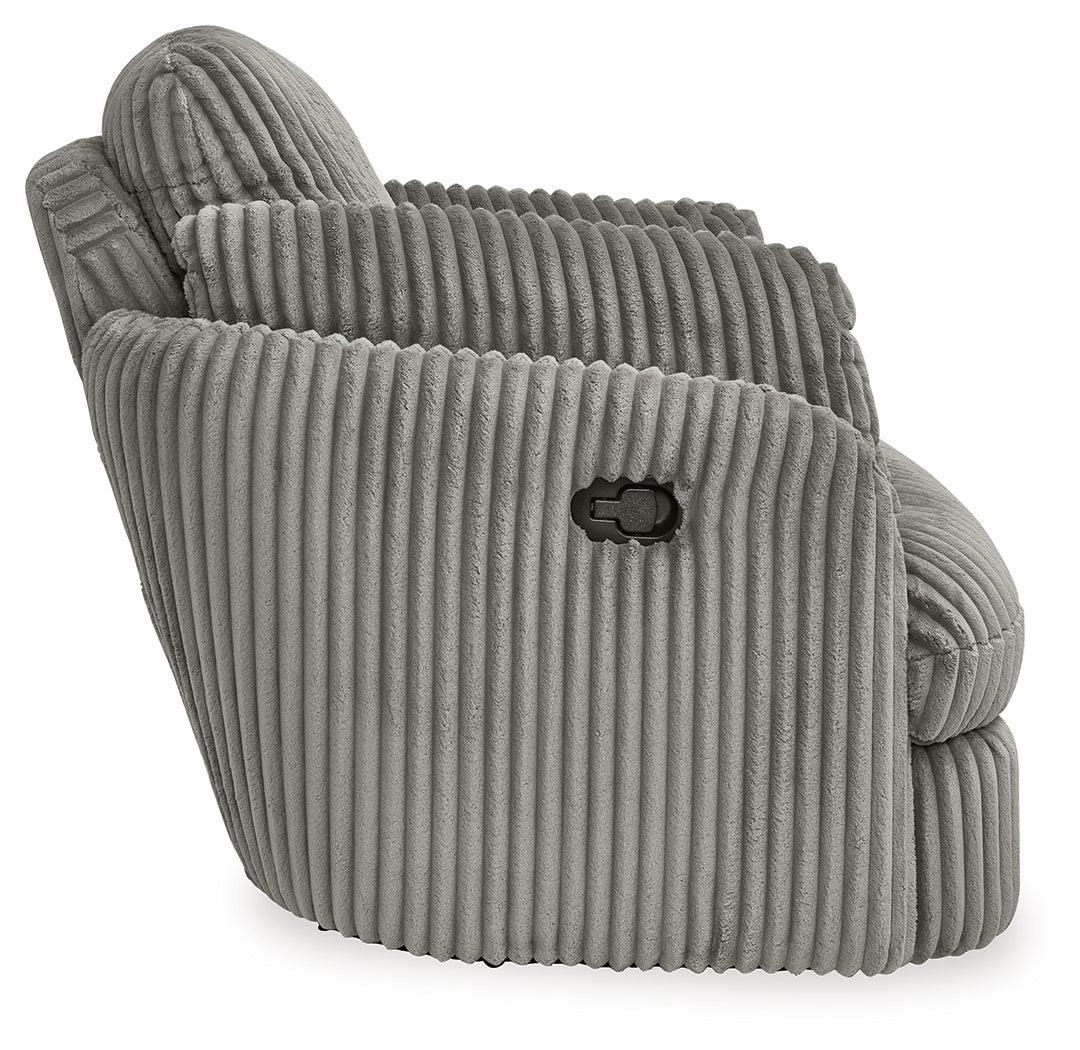 Tie-breaker Fog Velvet Swivel Glider Recliner side angle