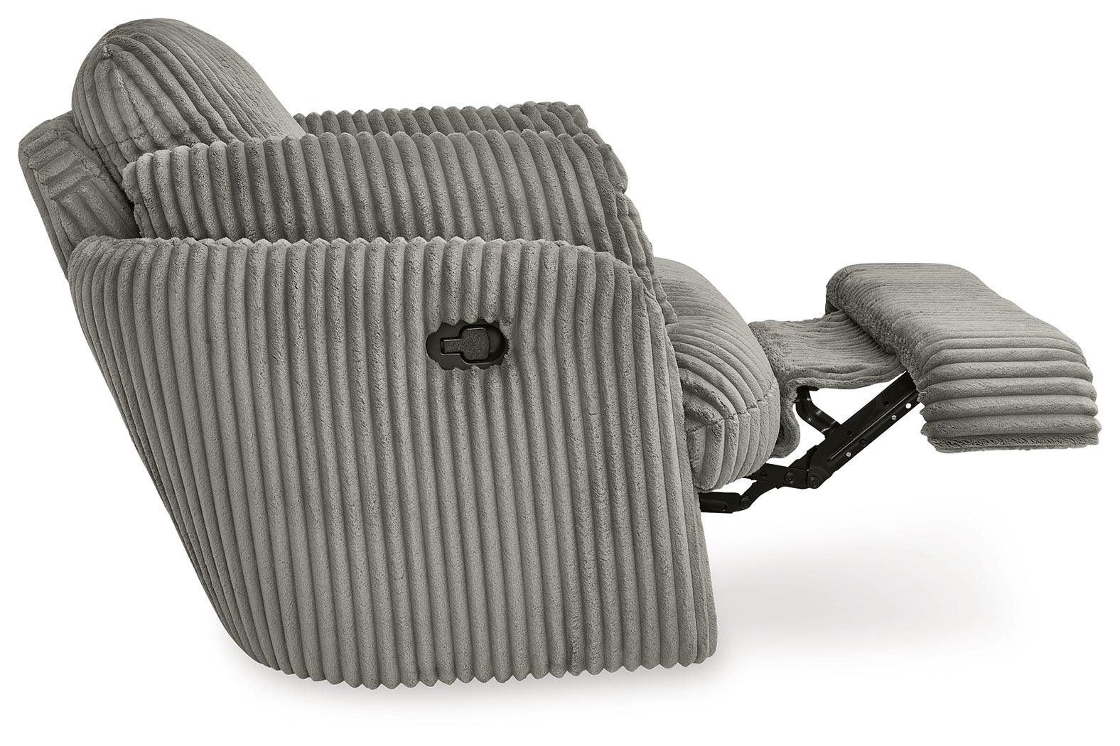 Tie-breaker Fog Velvet Swivel Glider Recliner reclined side view