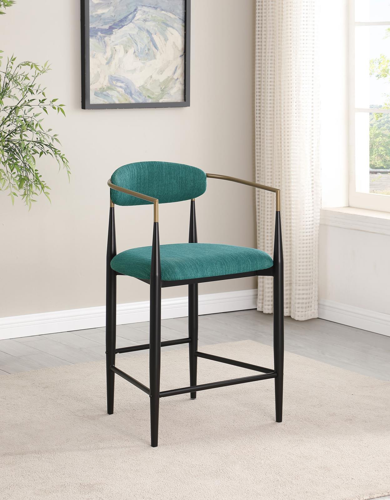 Tina set of two green upholstered metal counter stools side angle
