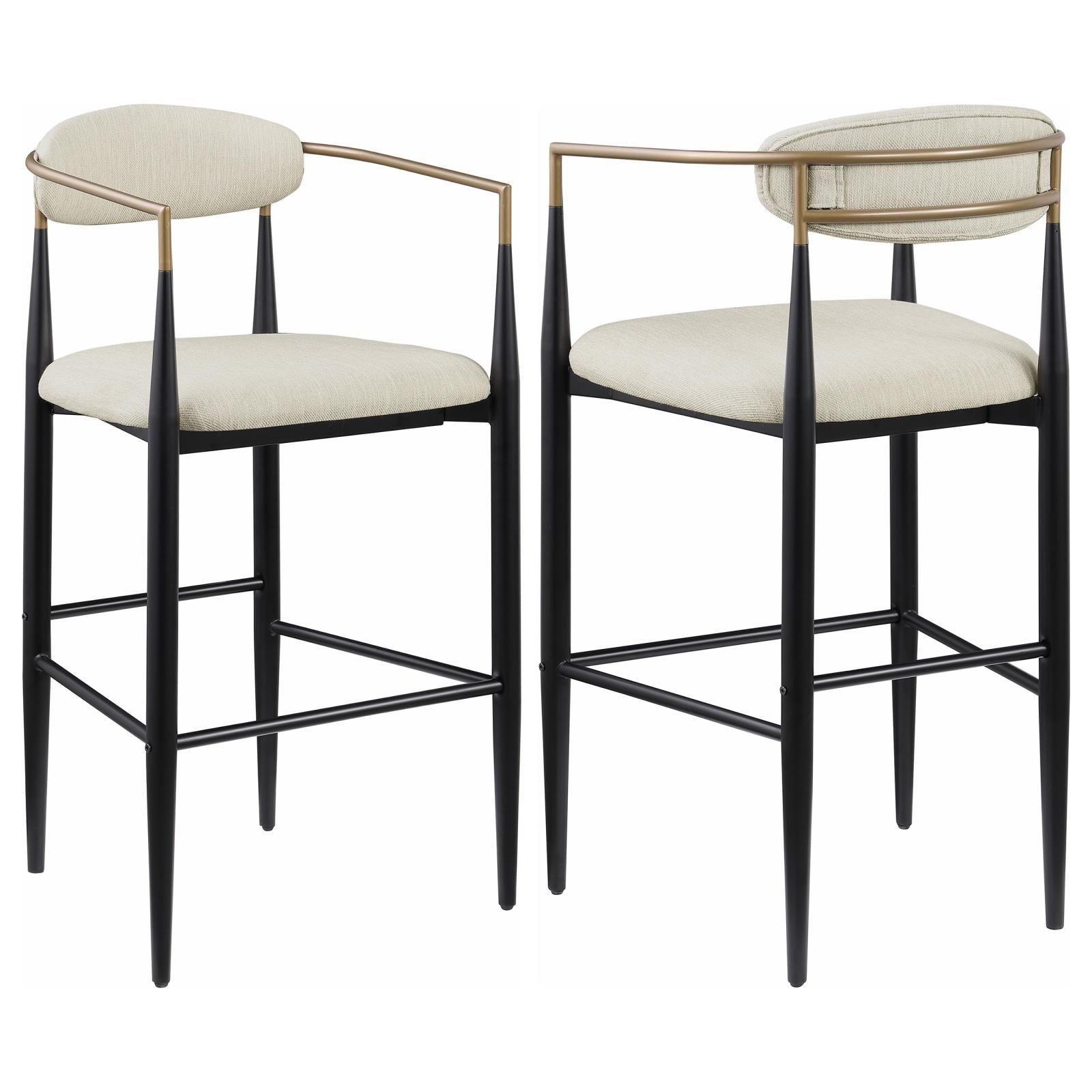 Tina beige upholstered metal pub height bar stool front view