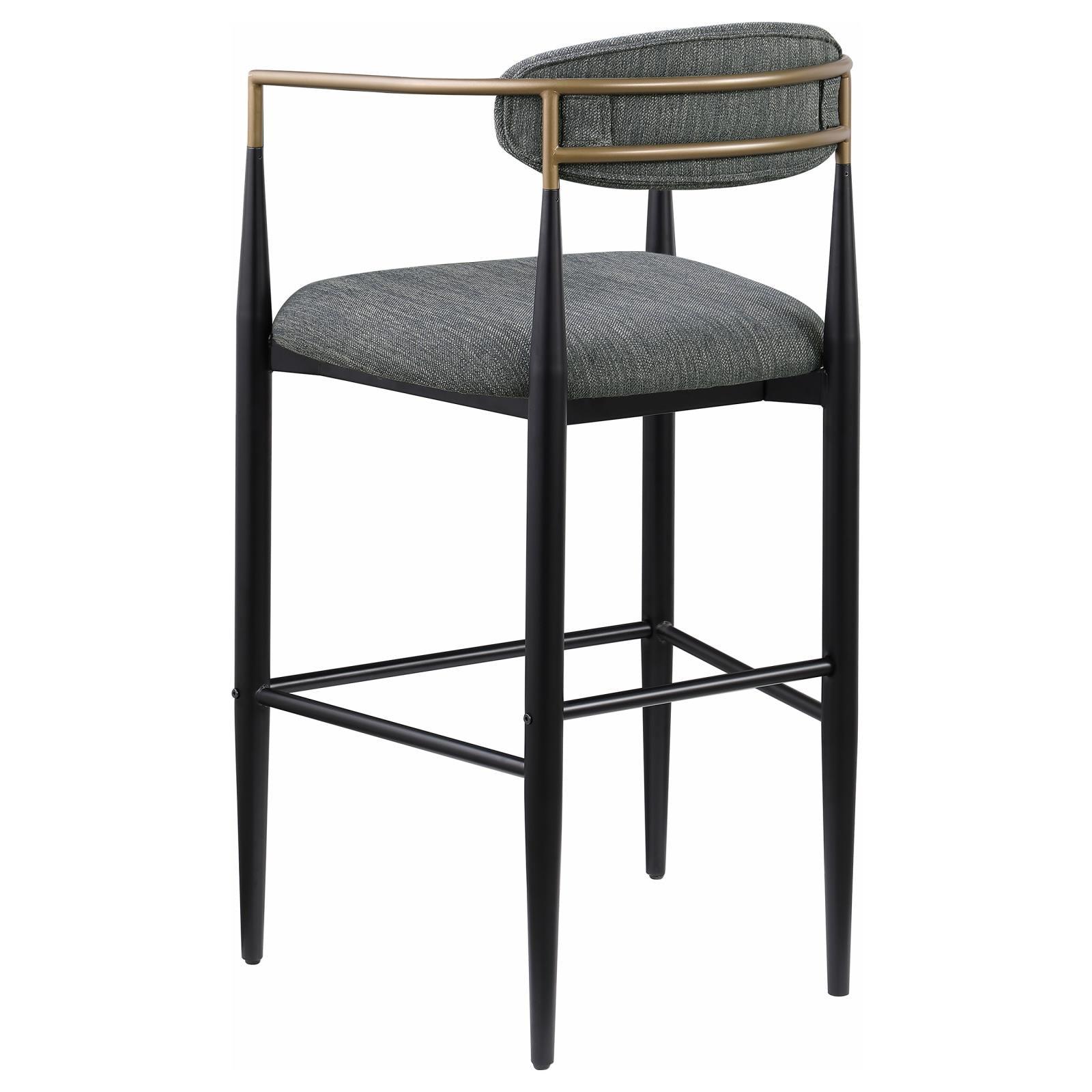 Tina pub height bar stool with dark grey upholstered seat and metal base