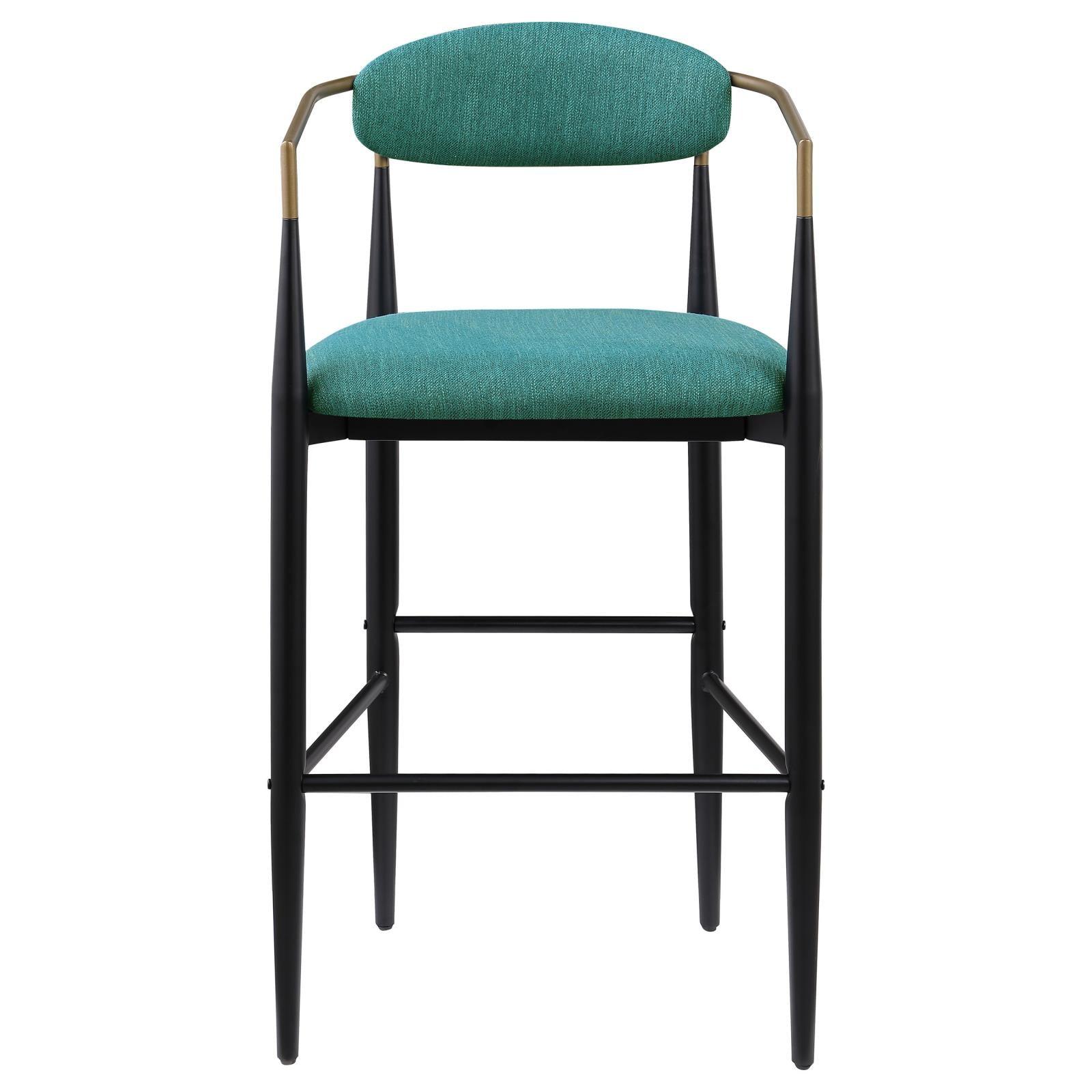 Tina bar stool set of 2 in kitchen setting with black metal base and brown arms