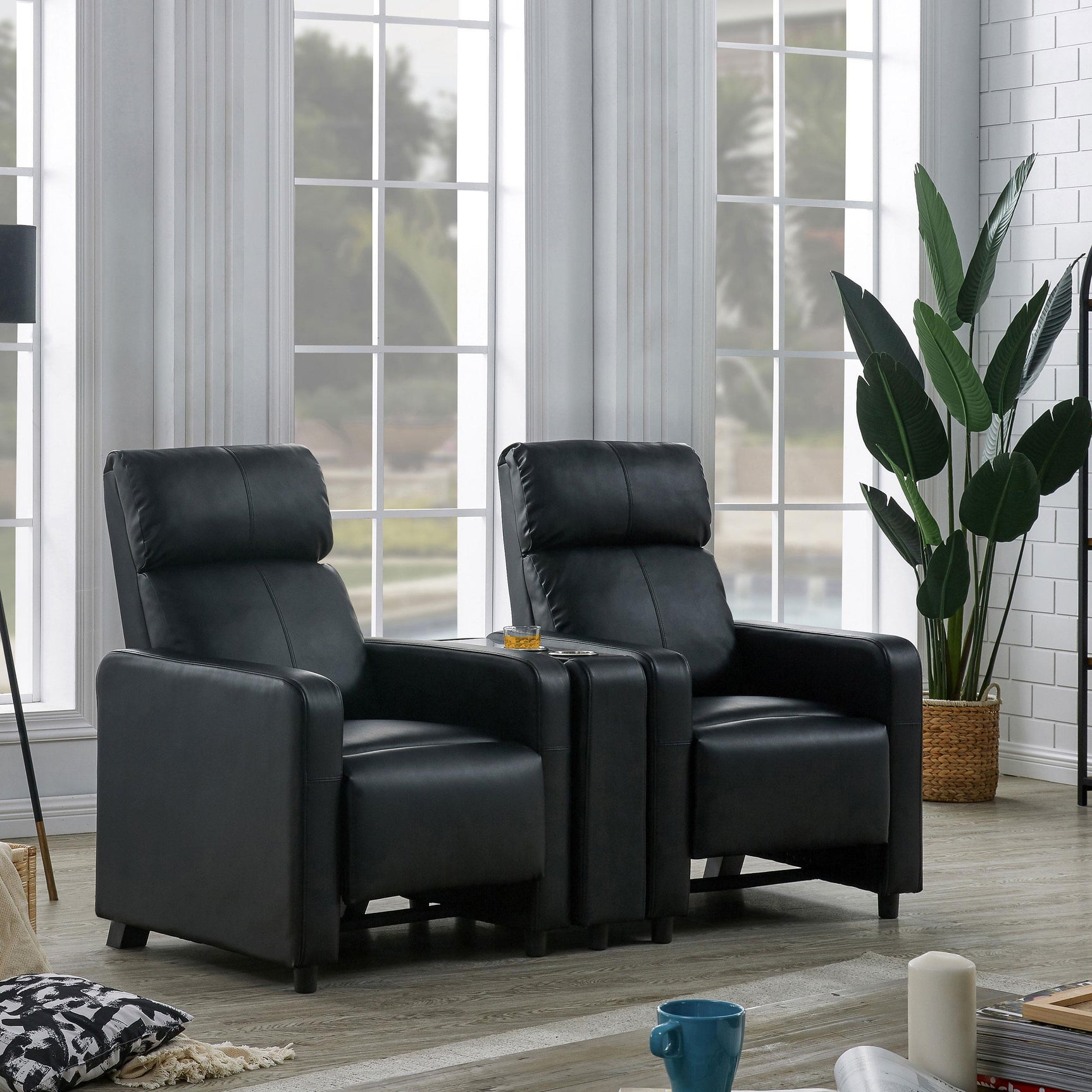 Side view of Toohey Upholstered Home Theater Storage Wedge Console in black