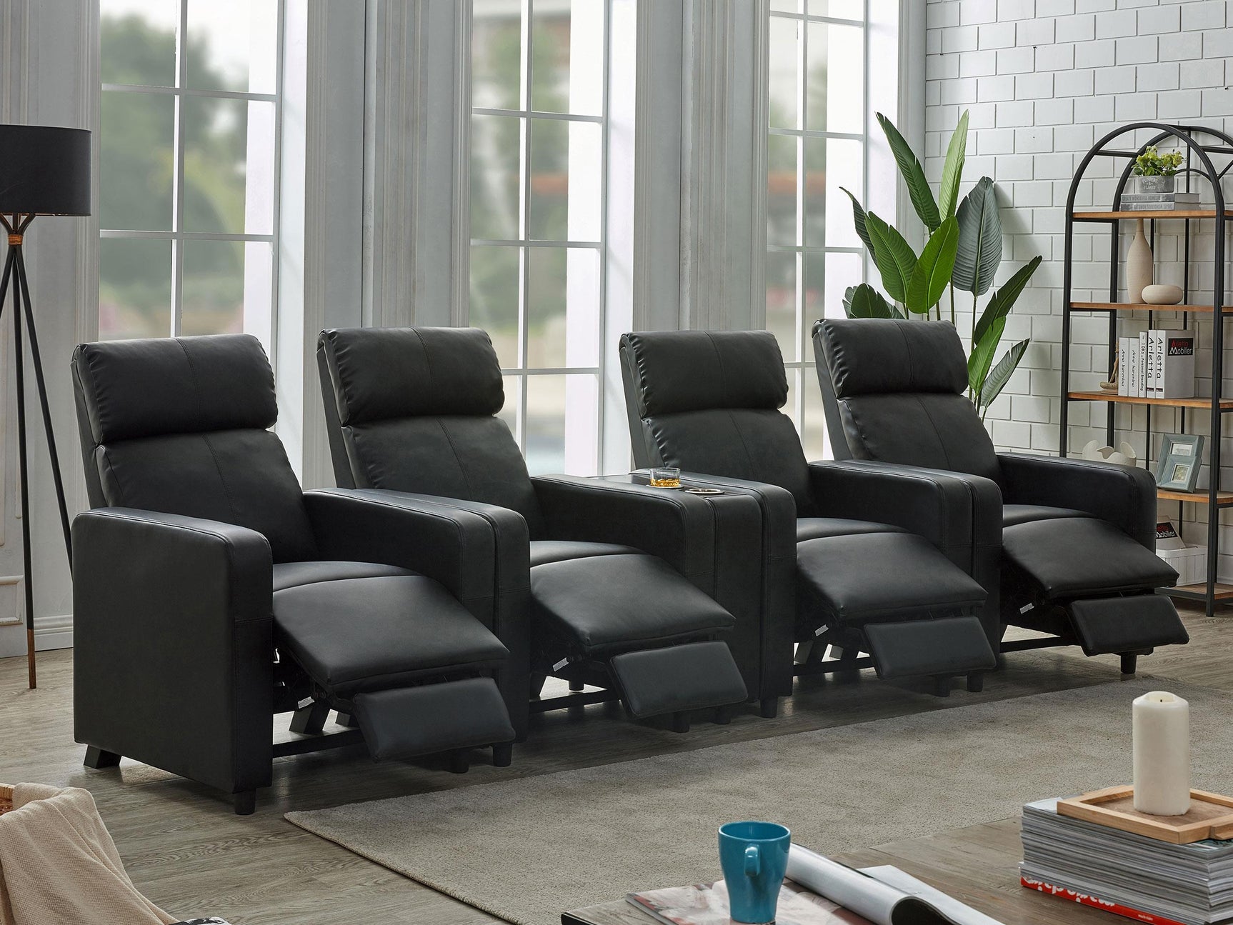 Toohey black leatherette recliner sofa side angle