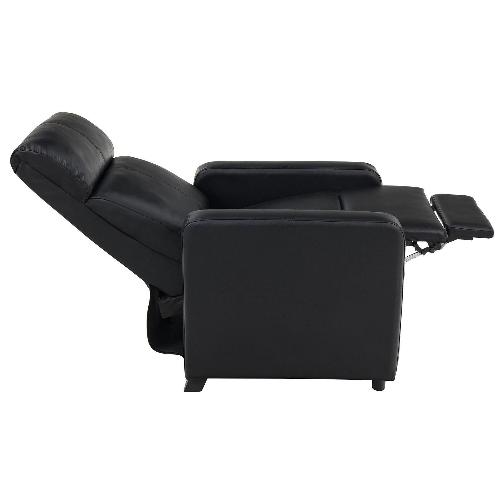 Group view of four-seat black pretented leatherette recliner set