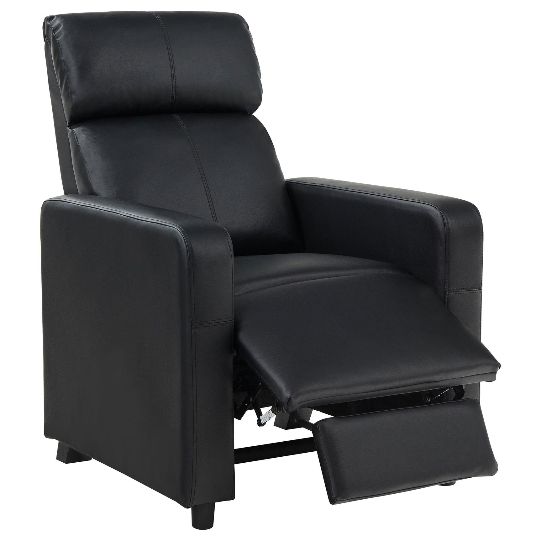 Close-up of tufted backrest and black leatherette upholstery