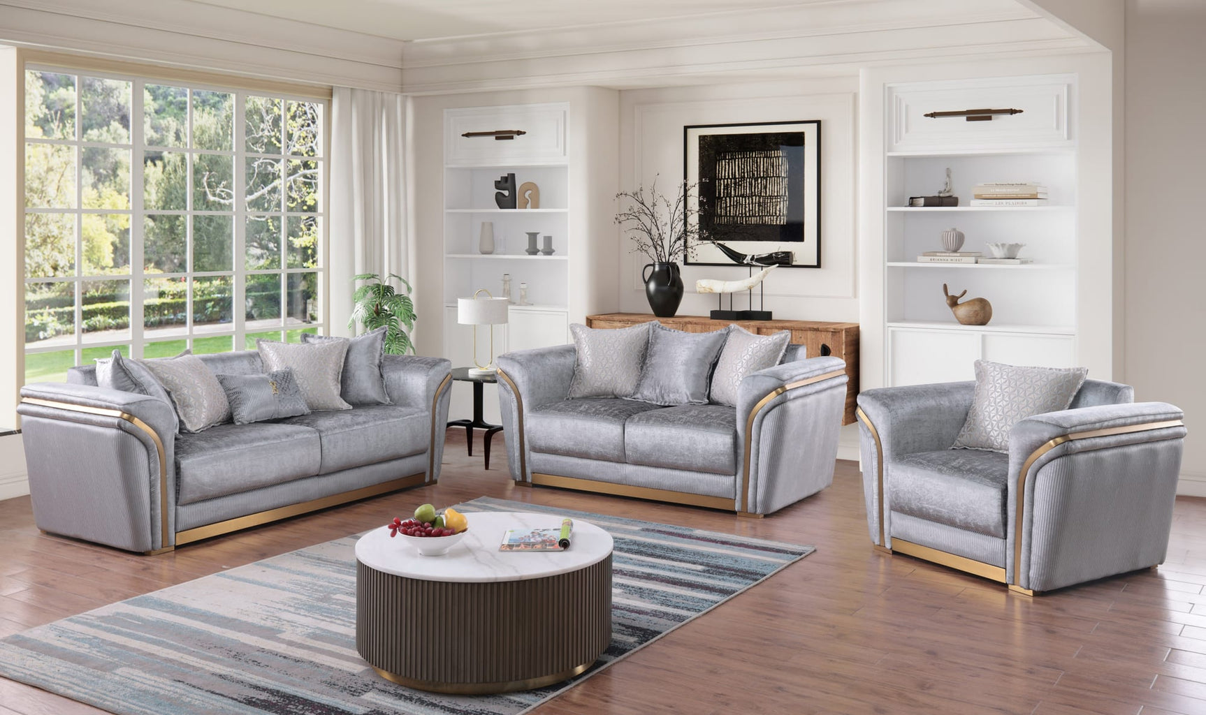 Torino Grey Sofa, Loveseat, and Chair Set with Gold Accents from Decor Furniture
