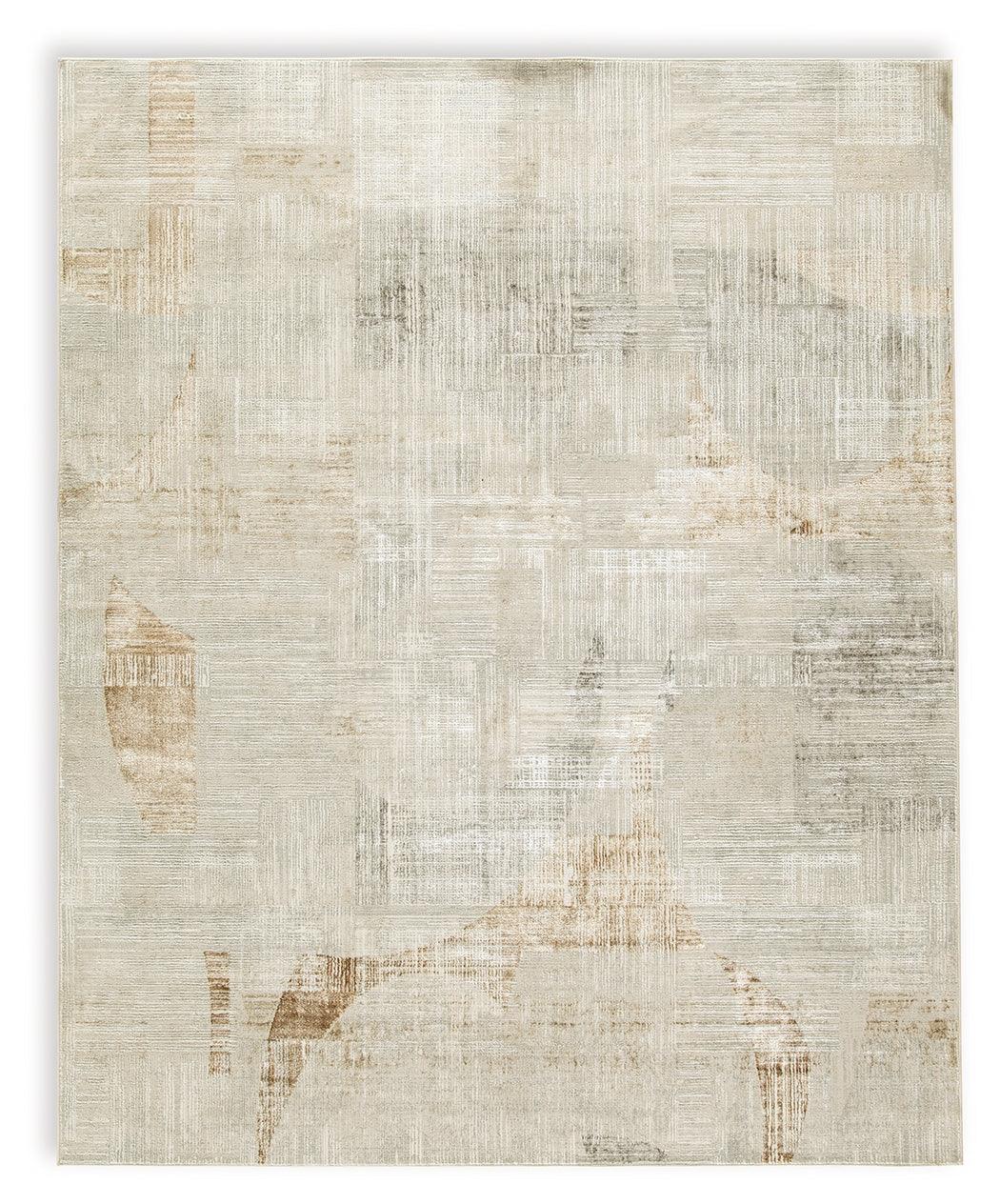 Abstract patterned Truward rug detail showing linen, gray, and caramel colors