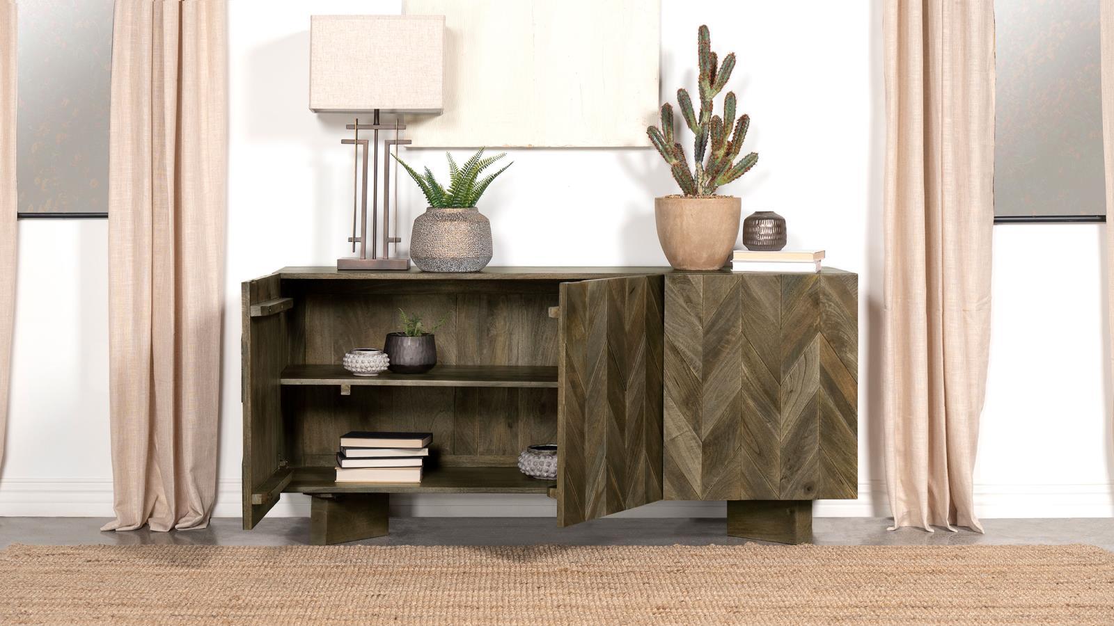 Side view of Tyler mango wood dining sideboard with doors closed