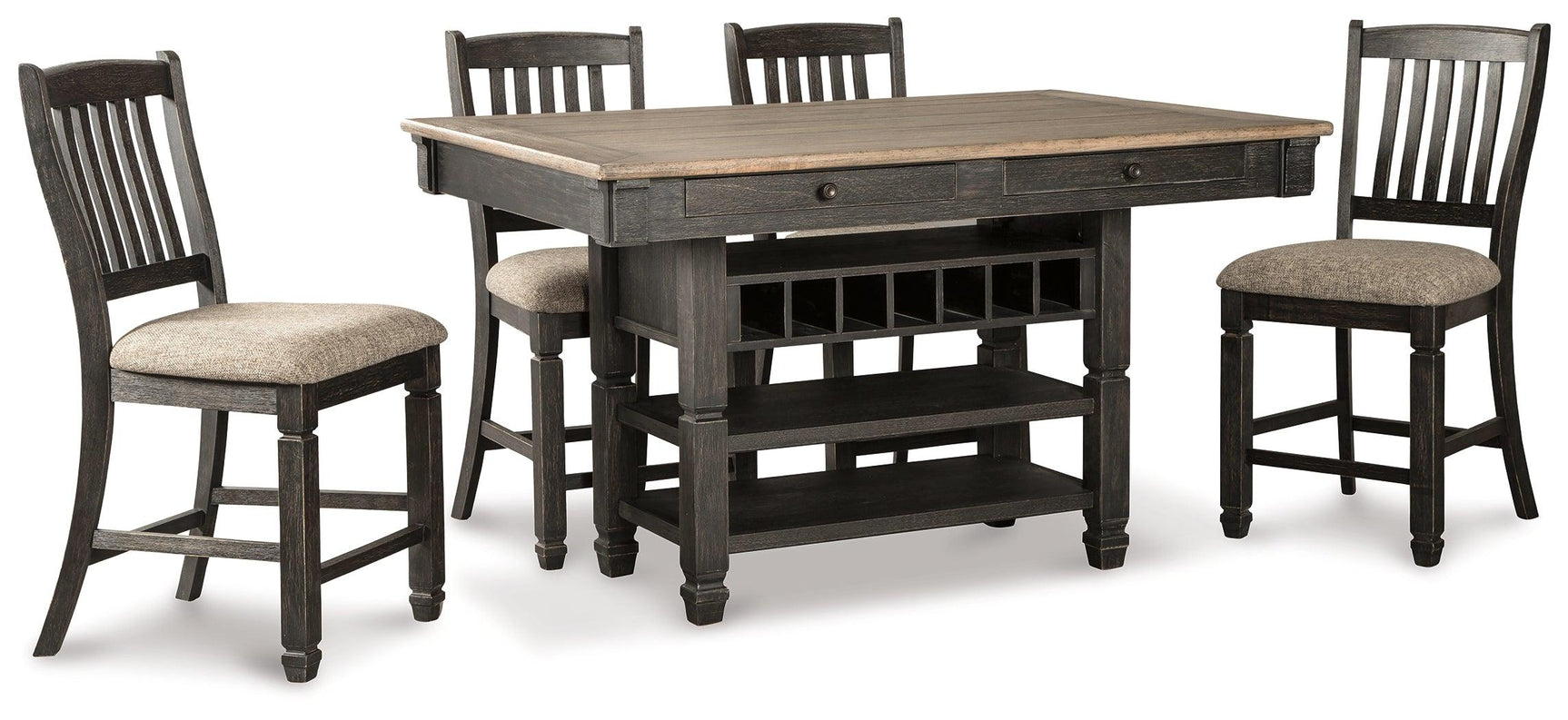 Close-up of textured black and oak finish on Tyler dining table