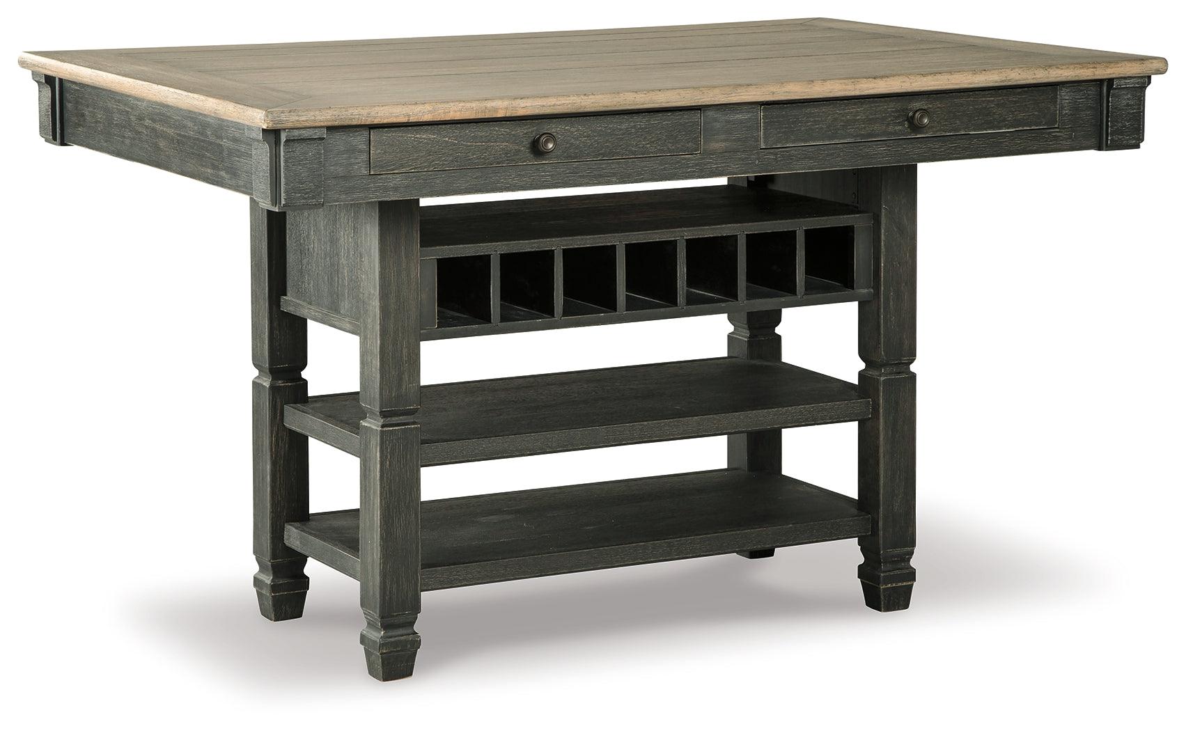 Side view of Tyler dining table drawers and shelves