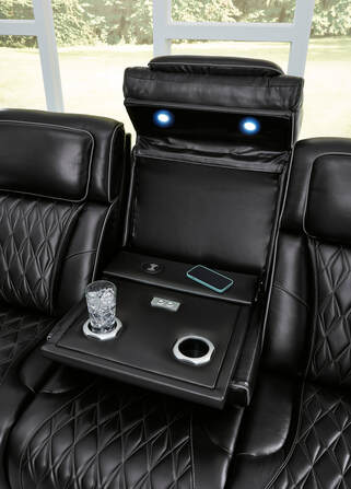 Drop-down table with LED reading lights and charging ports