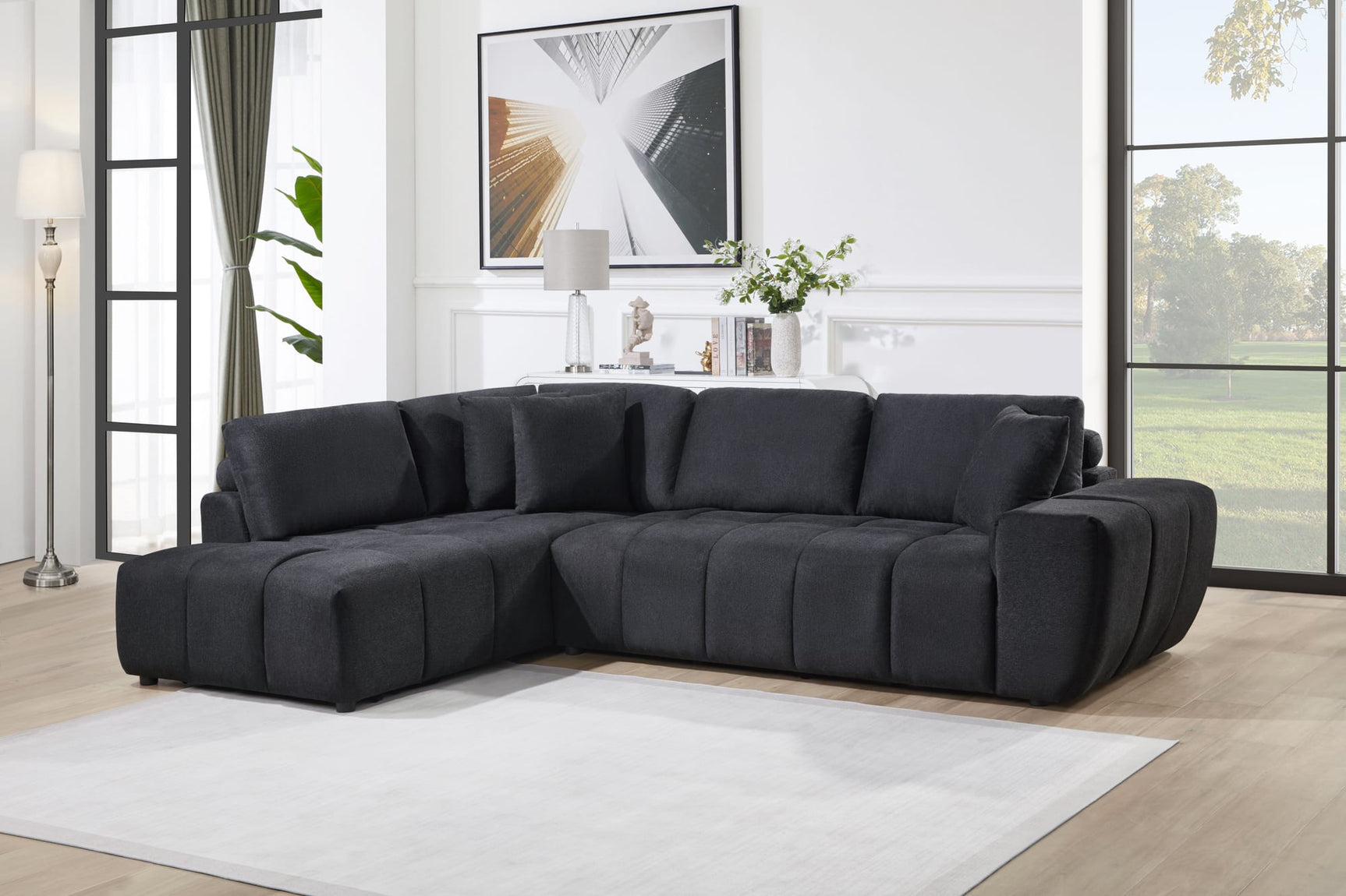 Uptown Black 2-Piece Fabric Sectional Sofa with Vertical Channeling view 2