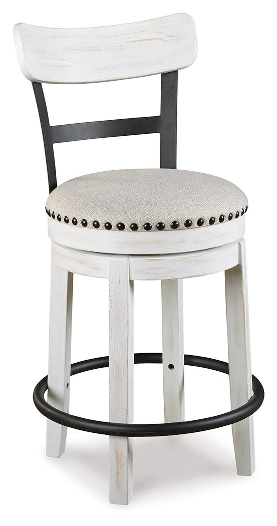 Close-up of linen-colored polyester cushioned barstool seat with nailhead trim