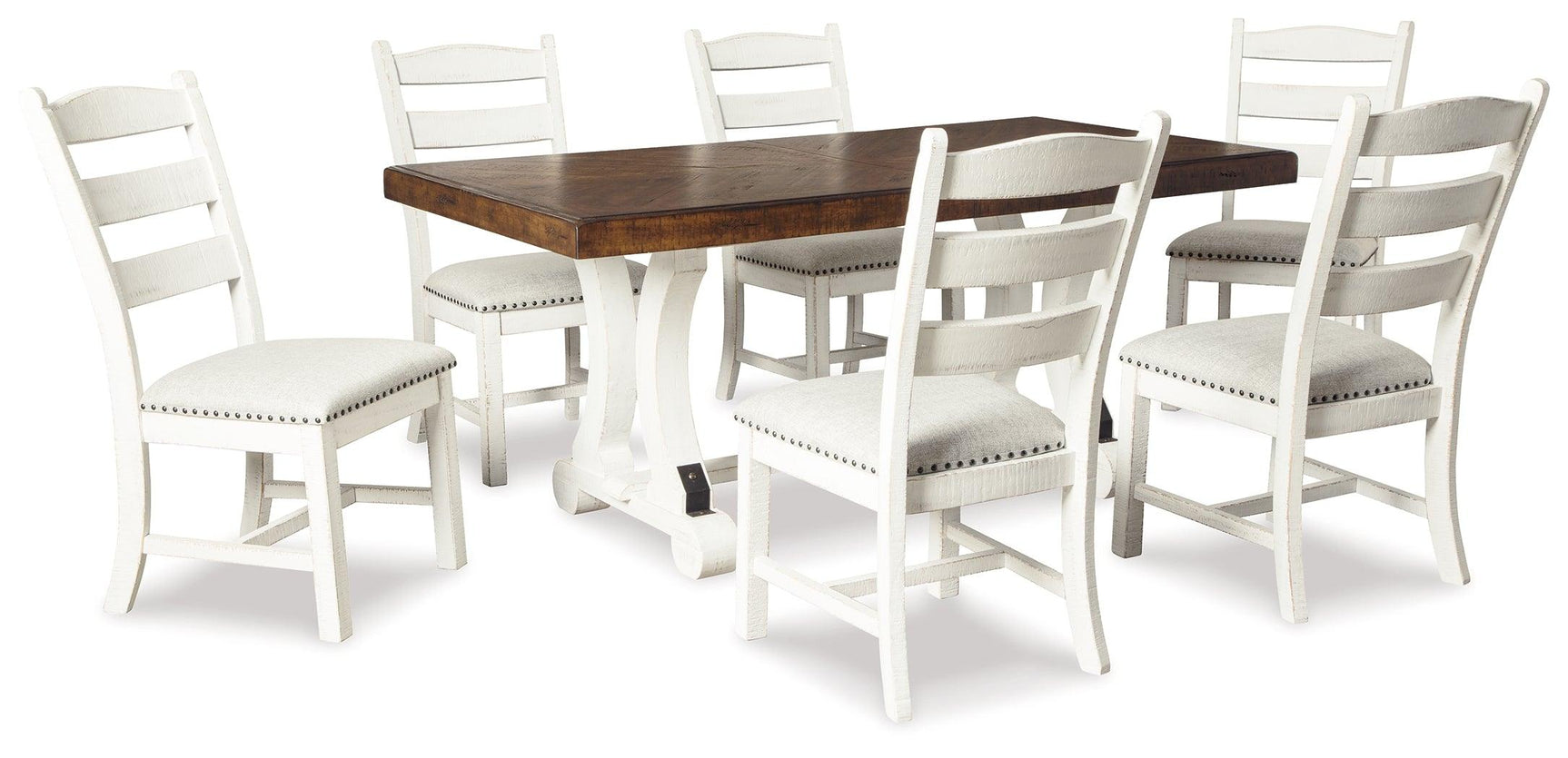 Dining room view featuring Valebeck White Brown Rectangular Dining Set