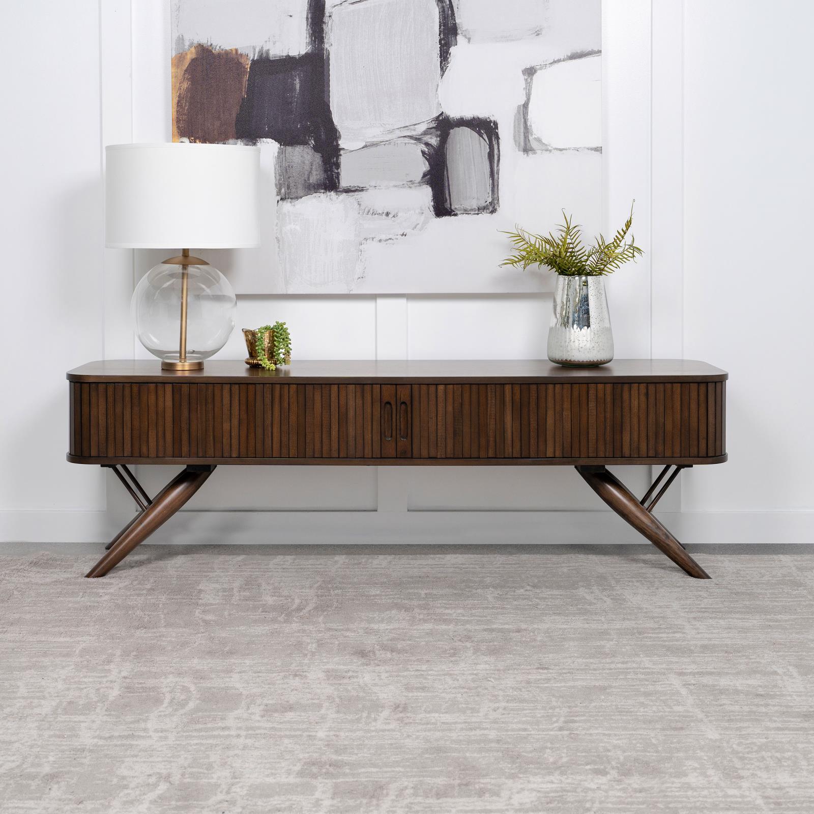Valna TV stand sliding doors open showing storage compartments
