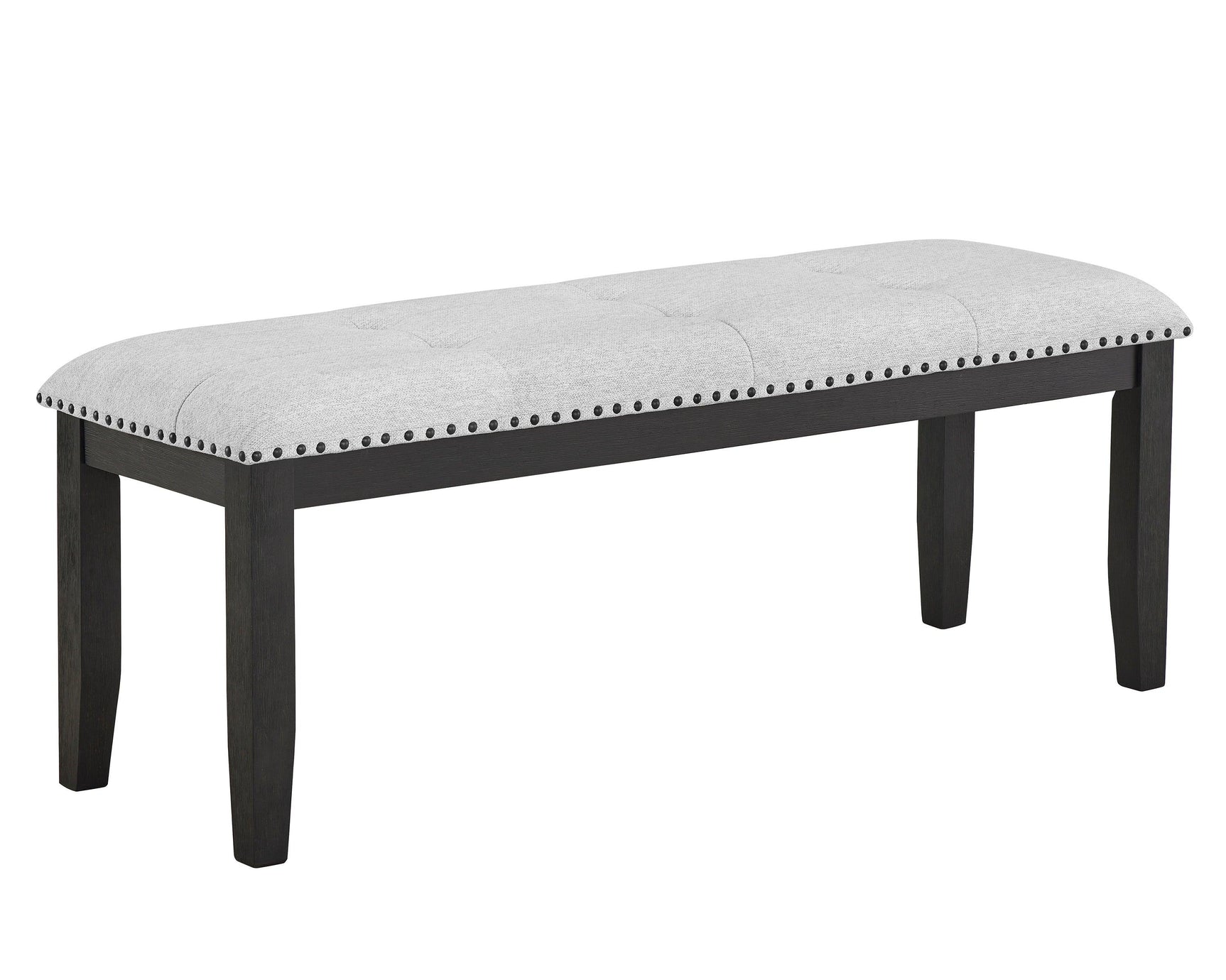Close-up of gray tufted fabric upholstery on dining chair
