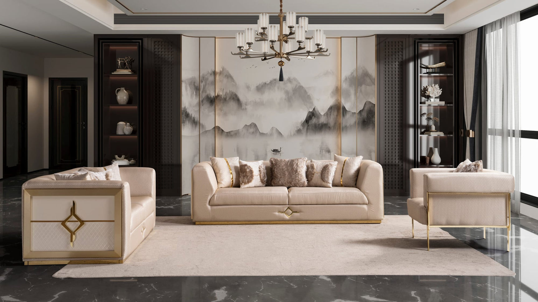 Vega Sofa, Loveseat, and Chair Set with Textured Upholstery and Gold Accents from Decor Furniture