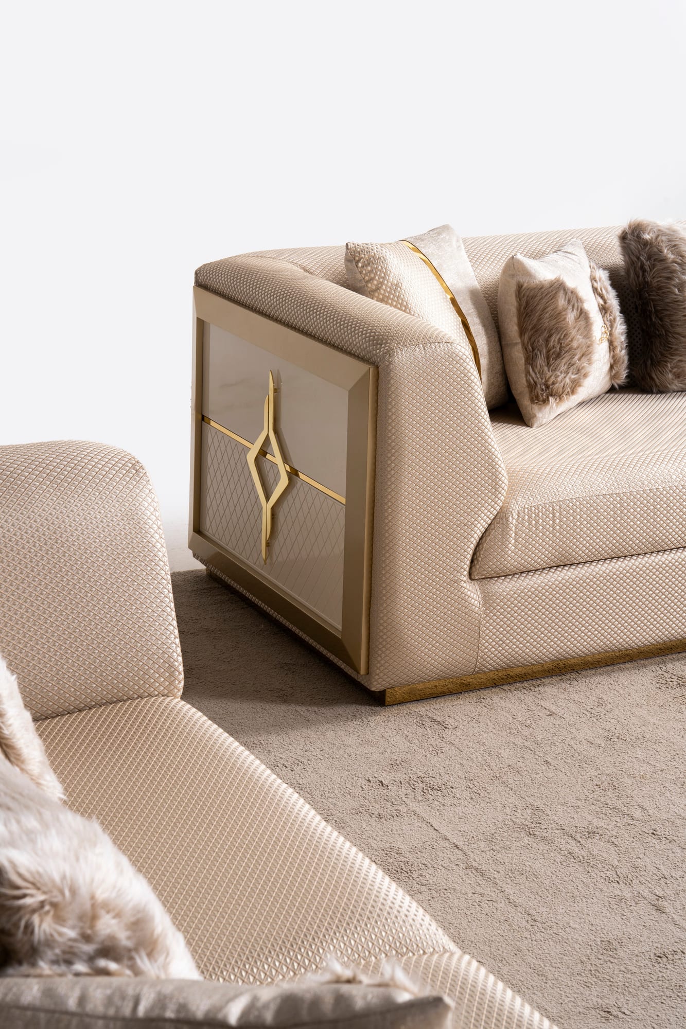 Vega Sofa, Loveseat, and Chair Set with Textured Upholstery and Gold Accents view 17