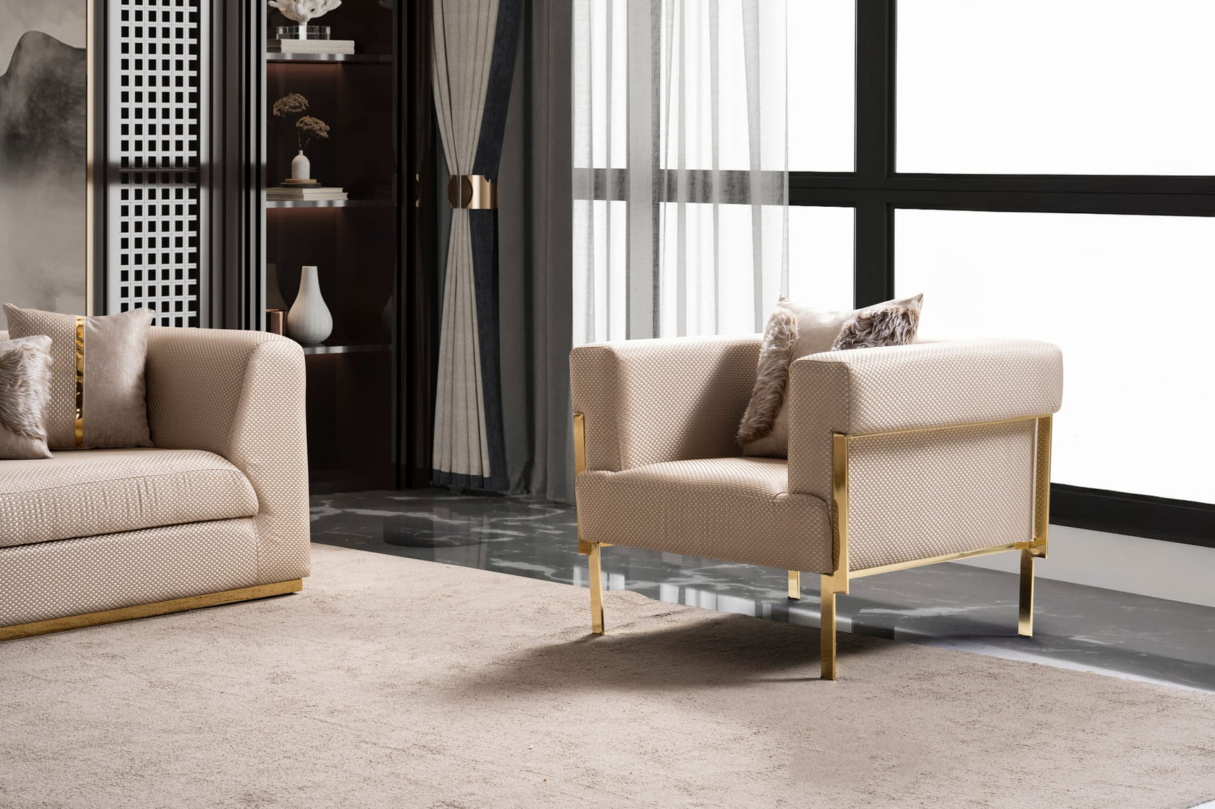 Vega Sofa, Loveseat, and Chair Set with Textured Upholstery and Gold Accents view 26