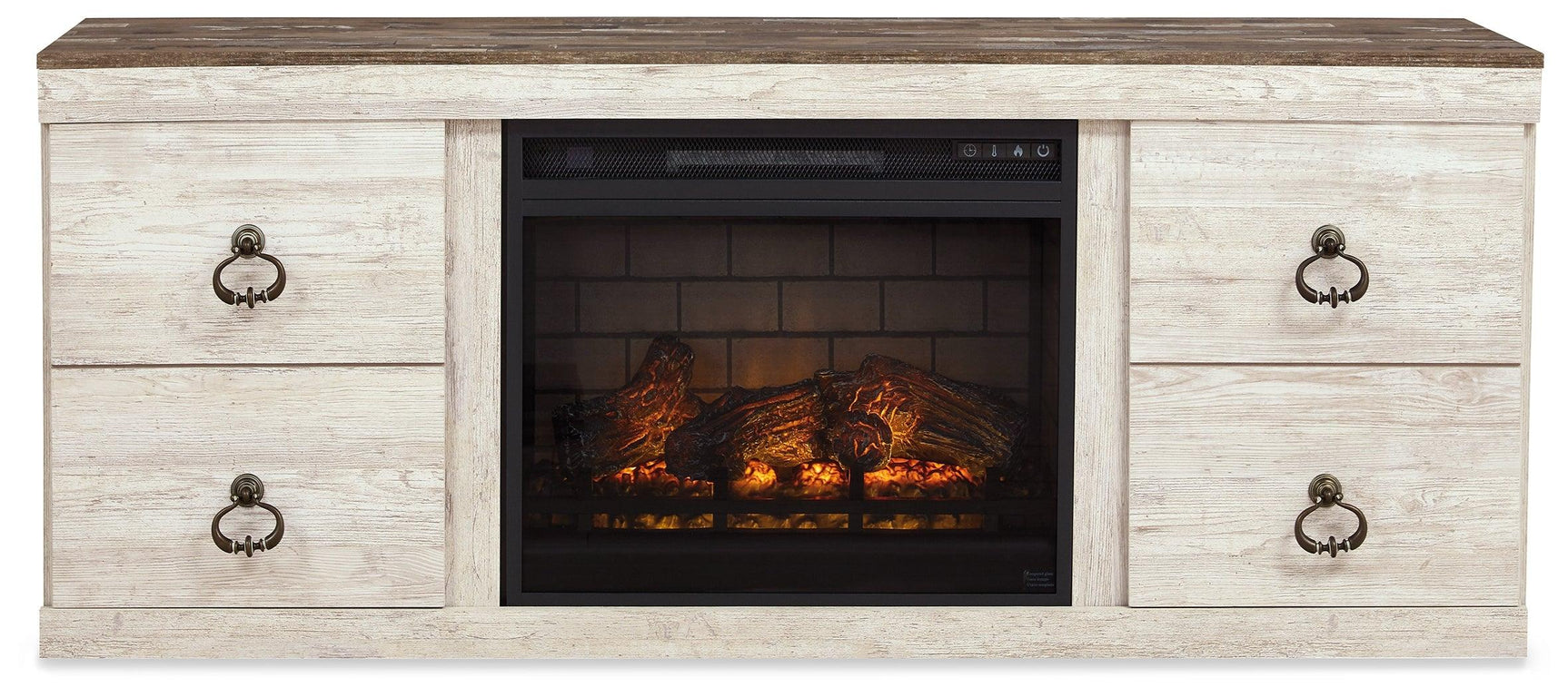Electric fireplace insert showing realistic LED logs and glowing embers