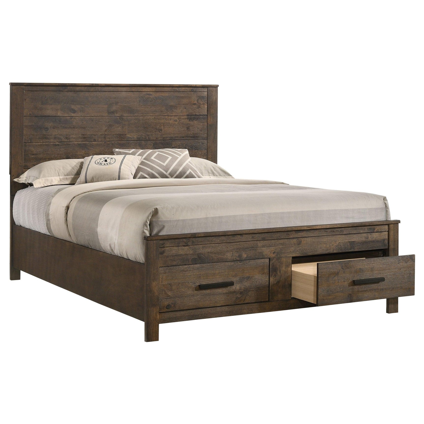 Side view of Woodmont Rustic Golden Brown King Storage Bed