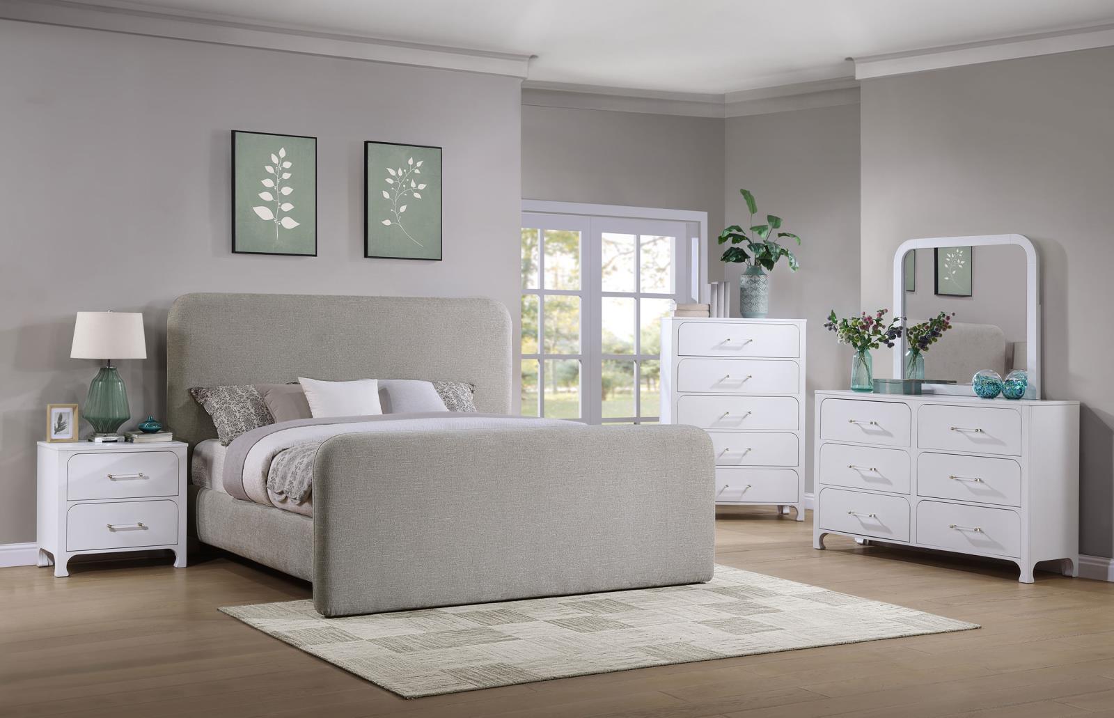 Wren Upholstered Eastern King Grey Platform Bed showing fabric texture