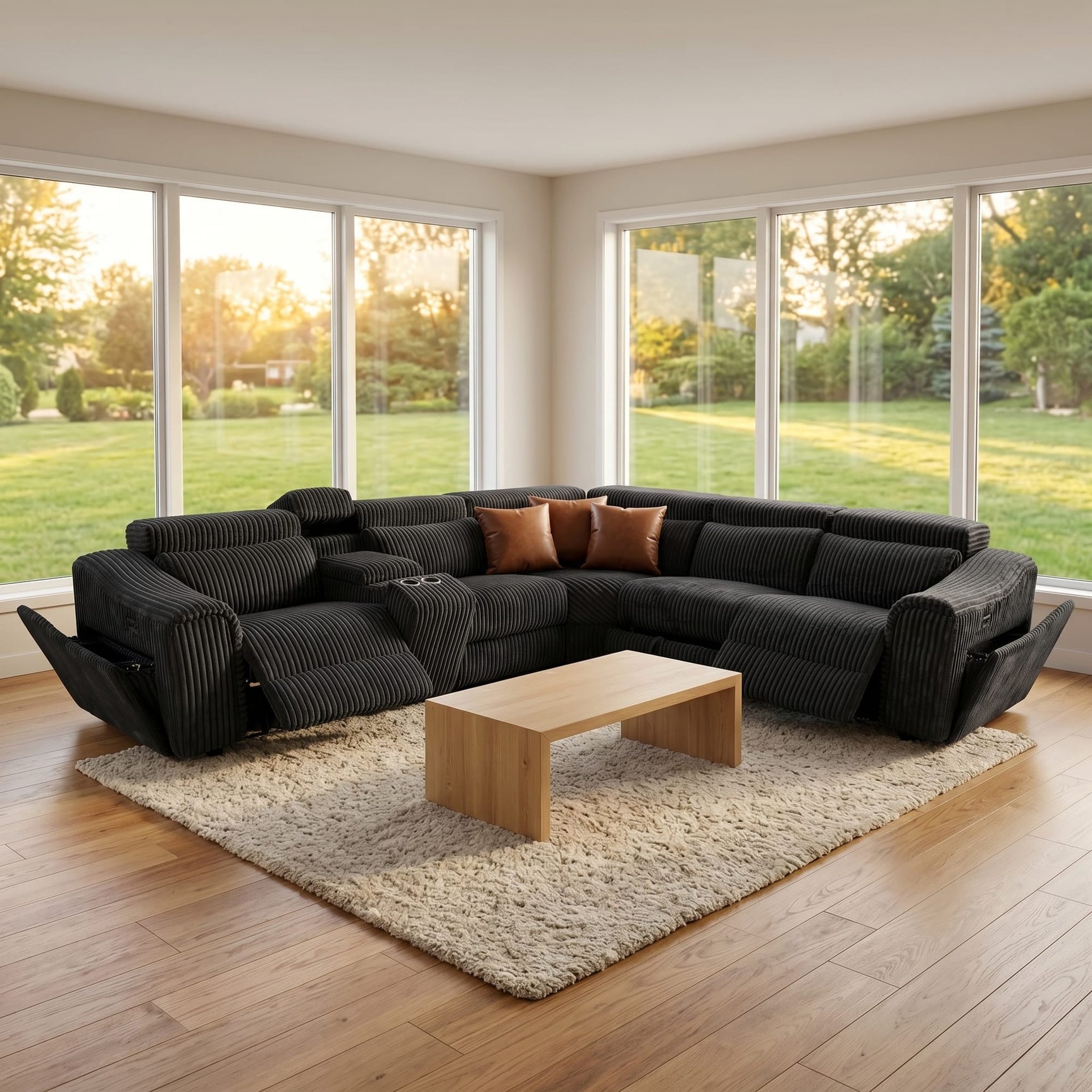 Yash Black Corduroy Reclining 6-Piece Sectional Sofa from Decor Furniture