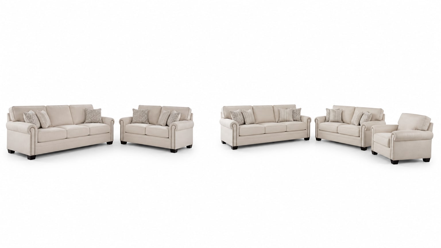 Coordinated 3-piece living room furniture set on white background with sofa, loveseat, chair, coffee table, and rug.