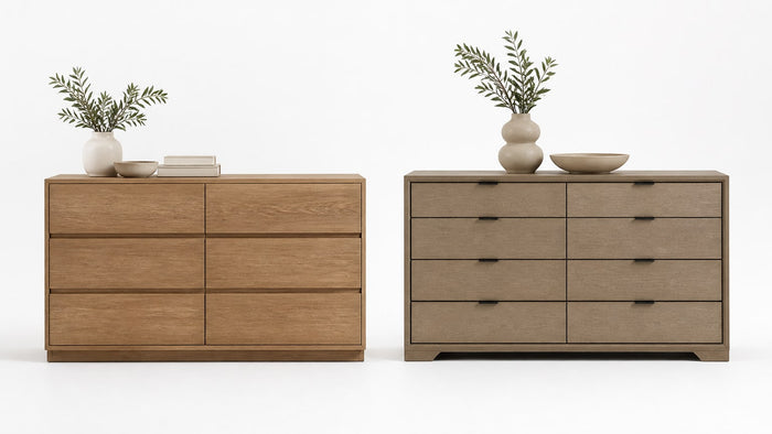 Comparison of a 6-drawer dresser and an 8-drawer dresser displayed on a white studio background