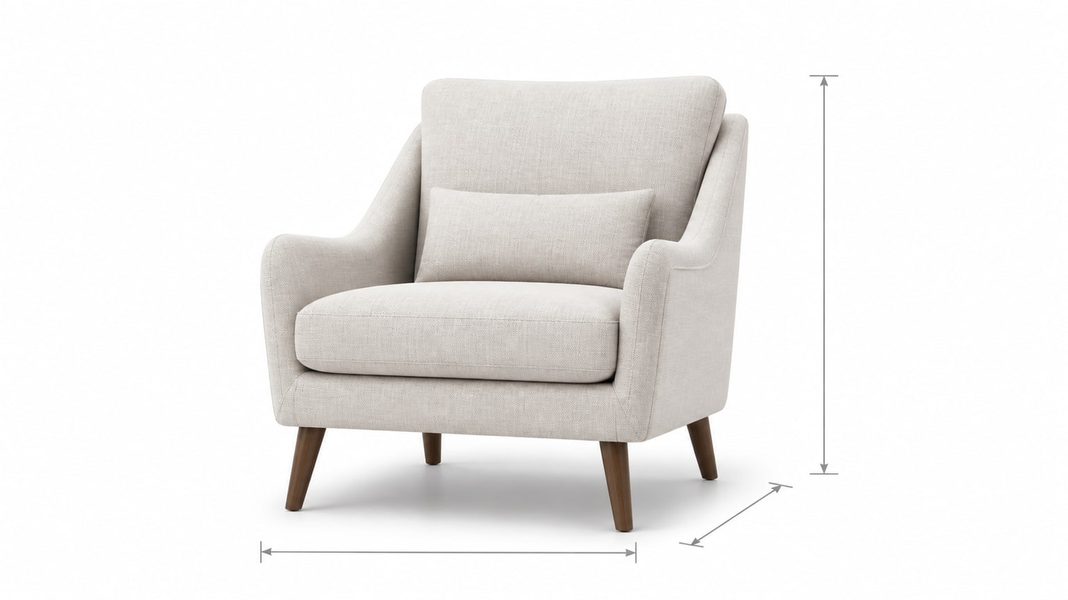Modern accent chair on white studio background showing full size and design details